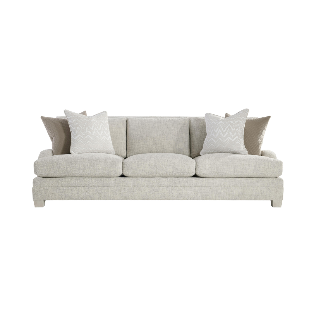 Bernhardt Rollins 3-Seater Sofa in light beige fabric with three seat cushions, three back cushions, and four decorative throw pillows.
