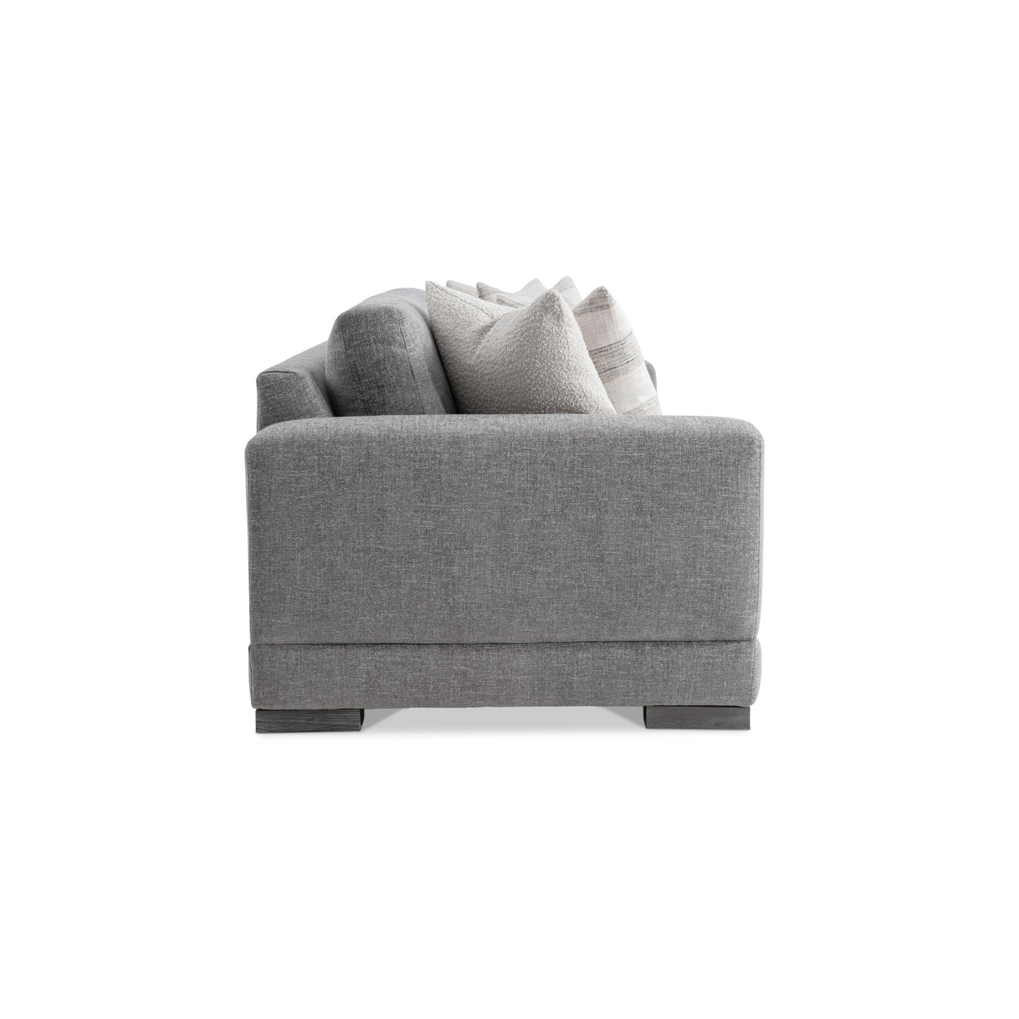 Side angle of Bernhardt Lars gray fabric sofa highlighting modern profile and comfortable seating depth for comfort design furniture