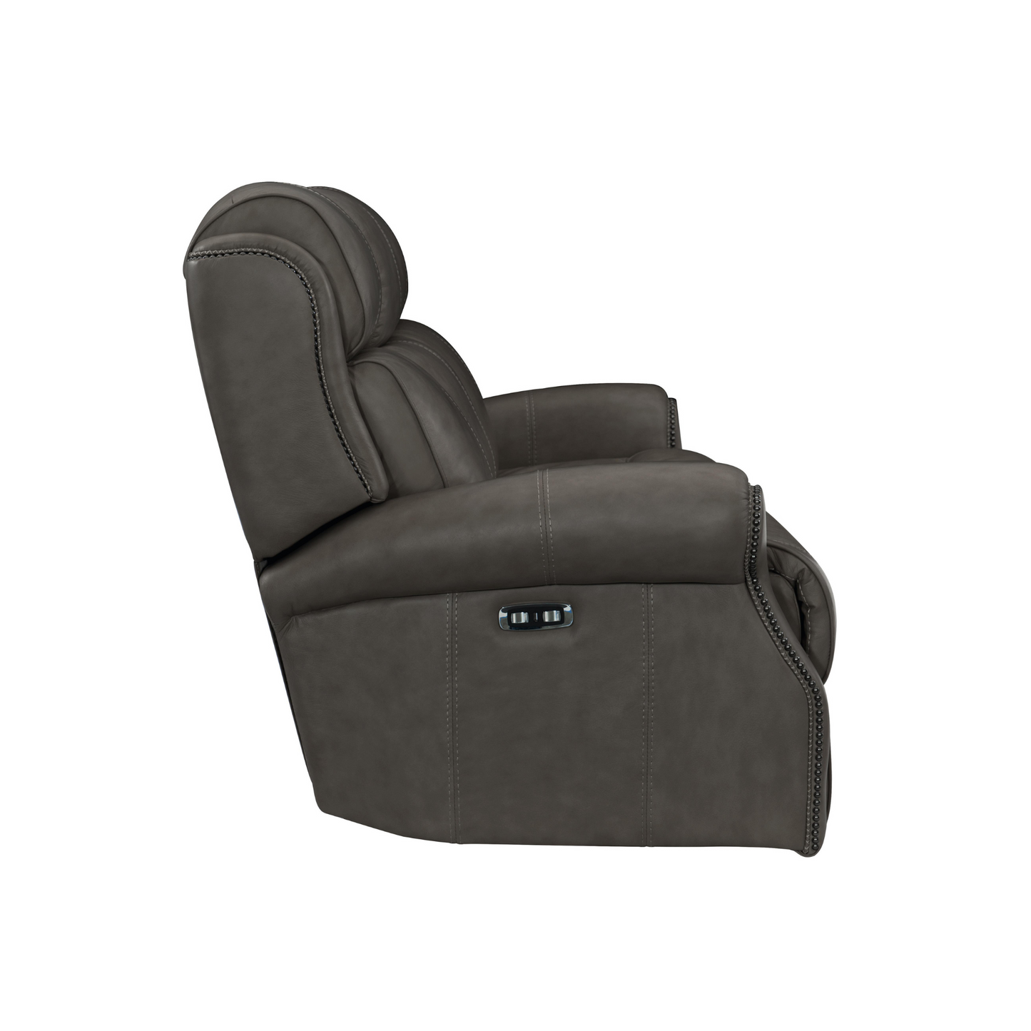 McGwire power reclining sofa side view showing control panel and nailhead trim detail for comfort design furniture