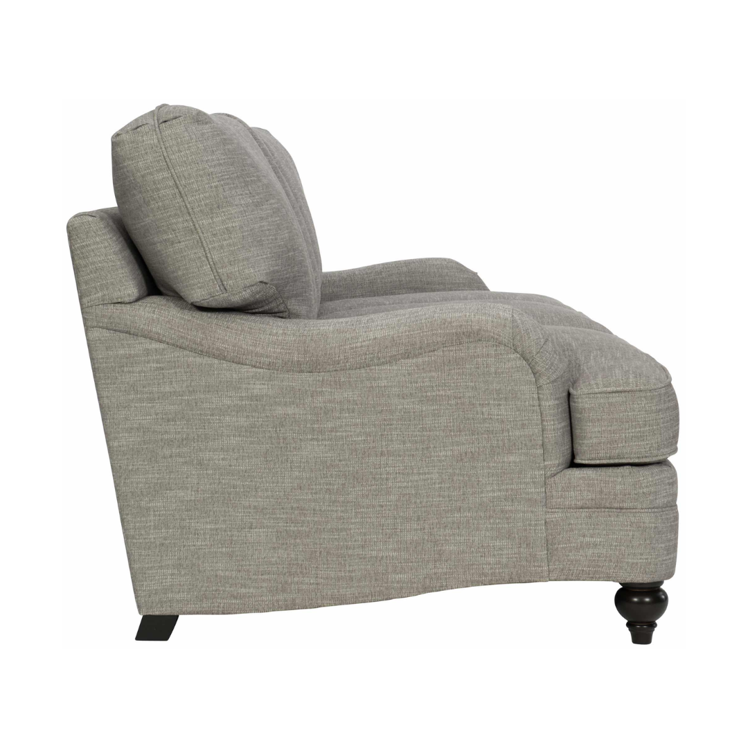 Side view of Bernhardt Tarleton 3-Seater Fabric Sofa in brown with rolled arms, plush cushions, and turned wooden front legs