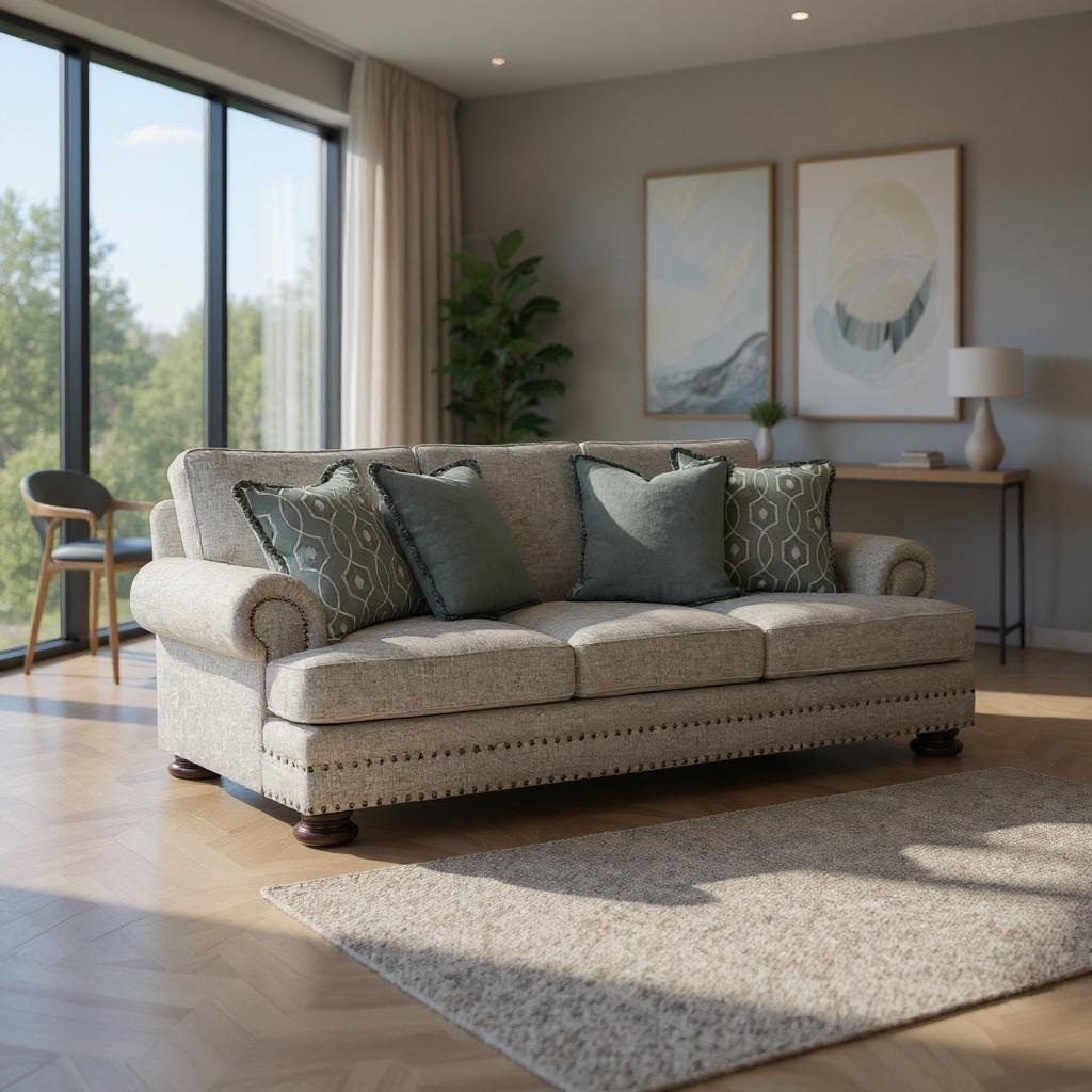 Bernhardt Foster 3-Seater Sofa with rolled arms, upholstered in soft fabric, featuring plush cushions and a classic, elegant design.