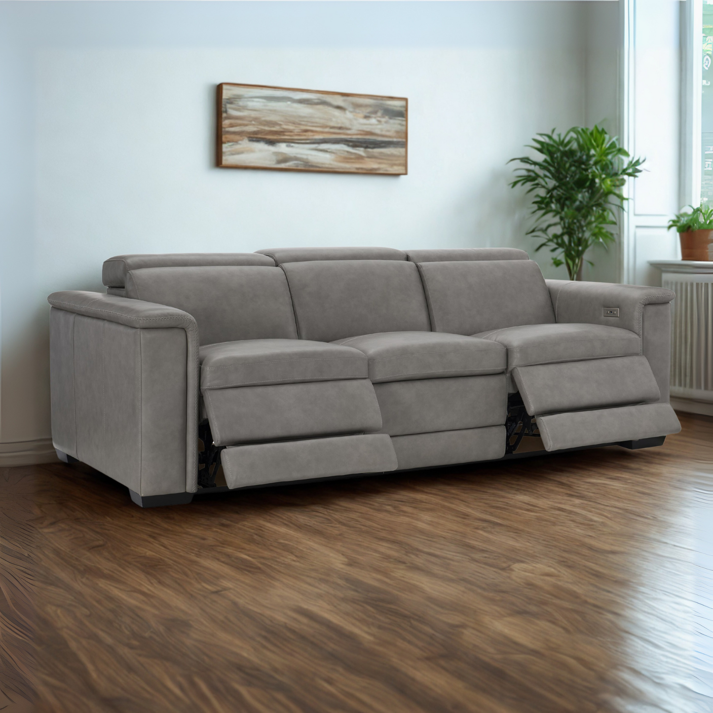 Bernhardt Lioni Gray Leather Power Motion Reclining Sofa