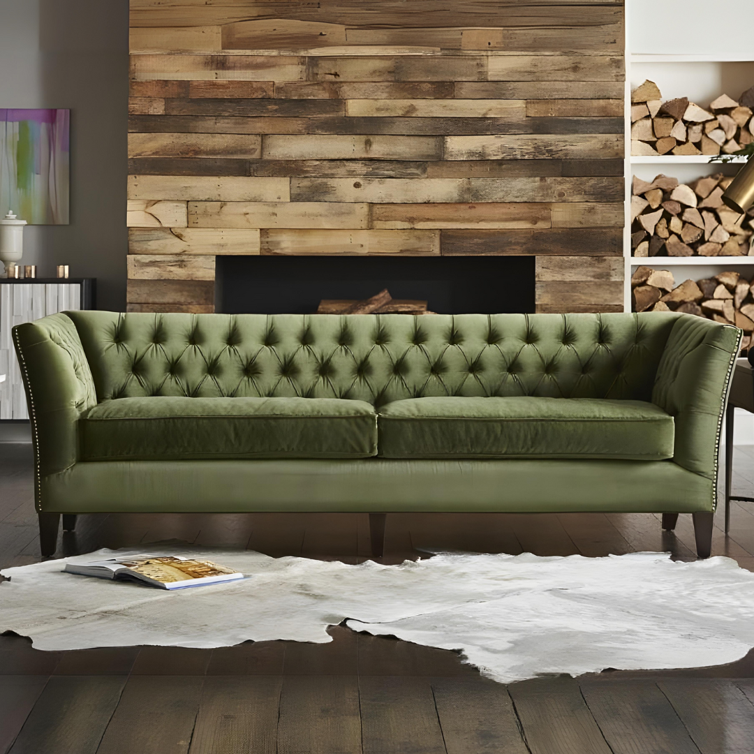 Duncan Tufted Sofa in green velvet upholstery with deep button-tufting, nailhead trim, and wooden legs – elegant 2-seater design.