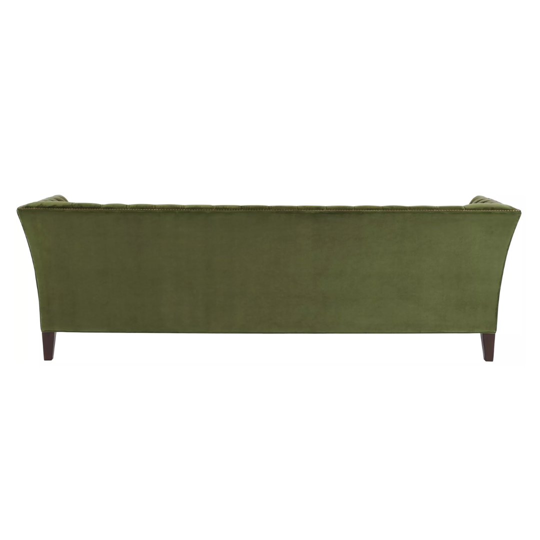 Back View of Duncan Tufted Sofa in green upholstery with deep button-tufting, nailhead trim, and wooden legs – elegant 2-seater design