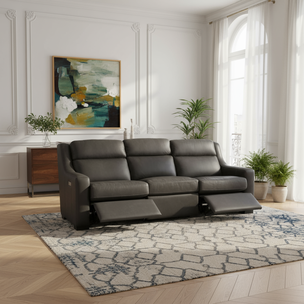 Germain power motion sofa reclined position showing adjustable headrests and footrests for comfort design furniture