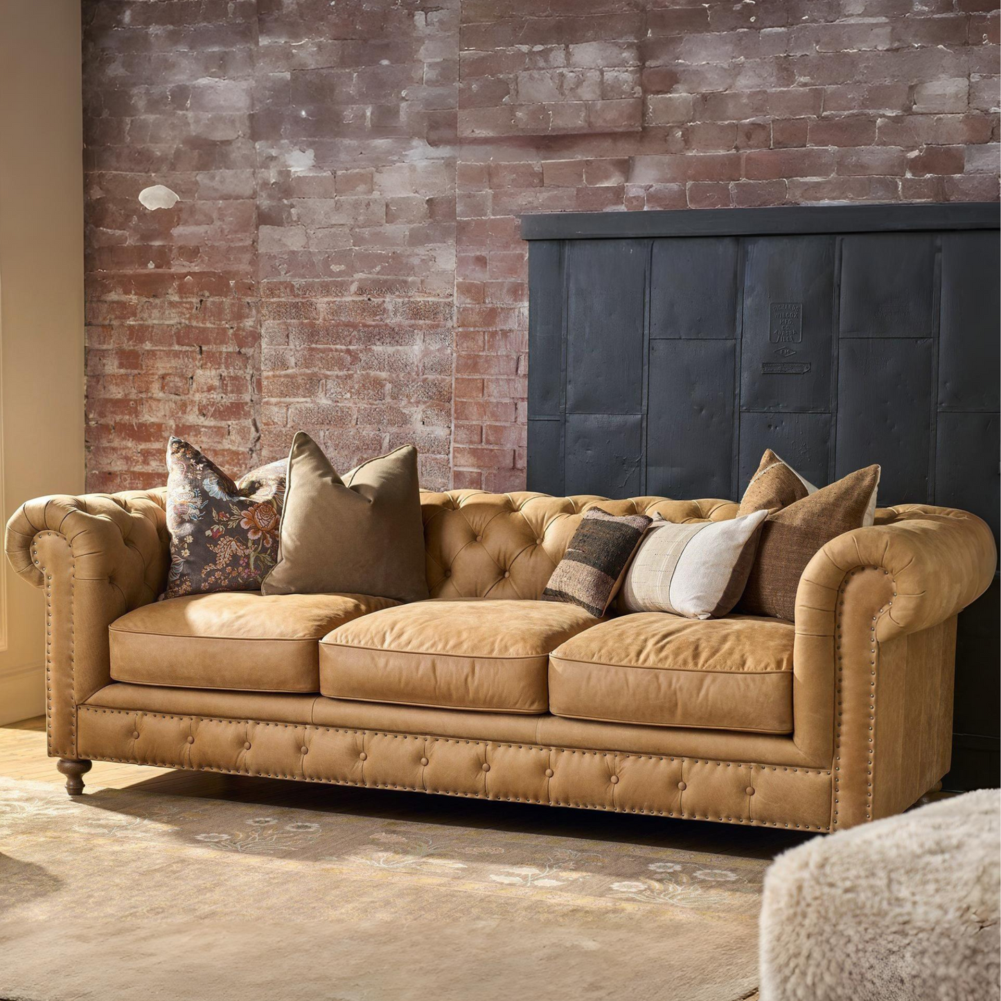 Universal Griffith Park Berkeley Leather Tufted Brown 3 Seater Sofa
