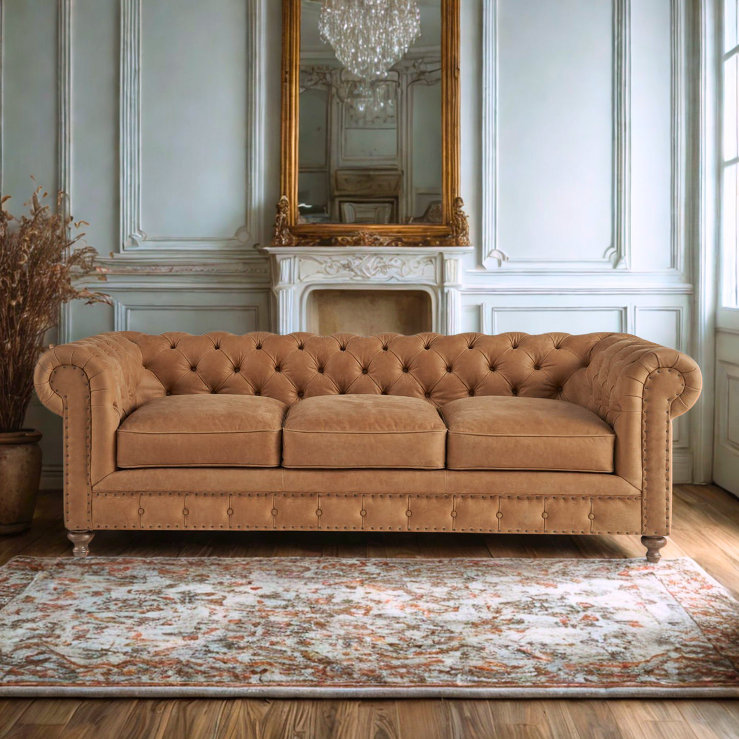 Universal Griffith Park Berkeley Leather Tufted Brown 3 Seater Sofa