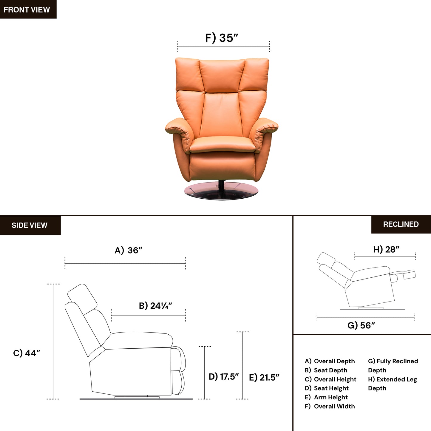 Klaussner Alessandro power recliner dimensional view showing chair proportions and scale for comfort design furniture