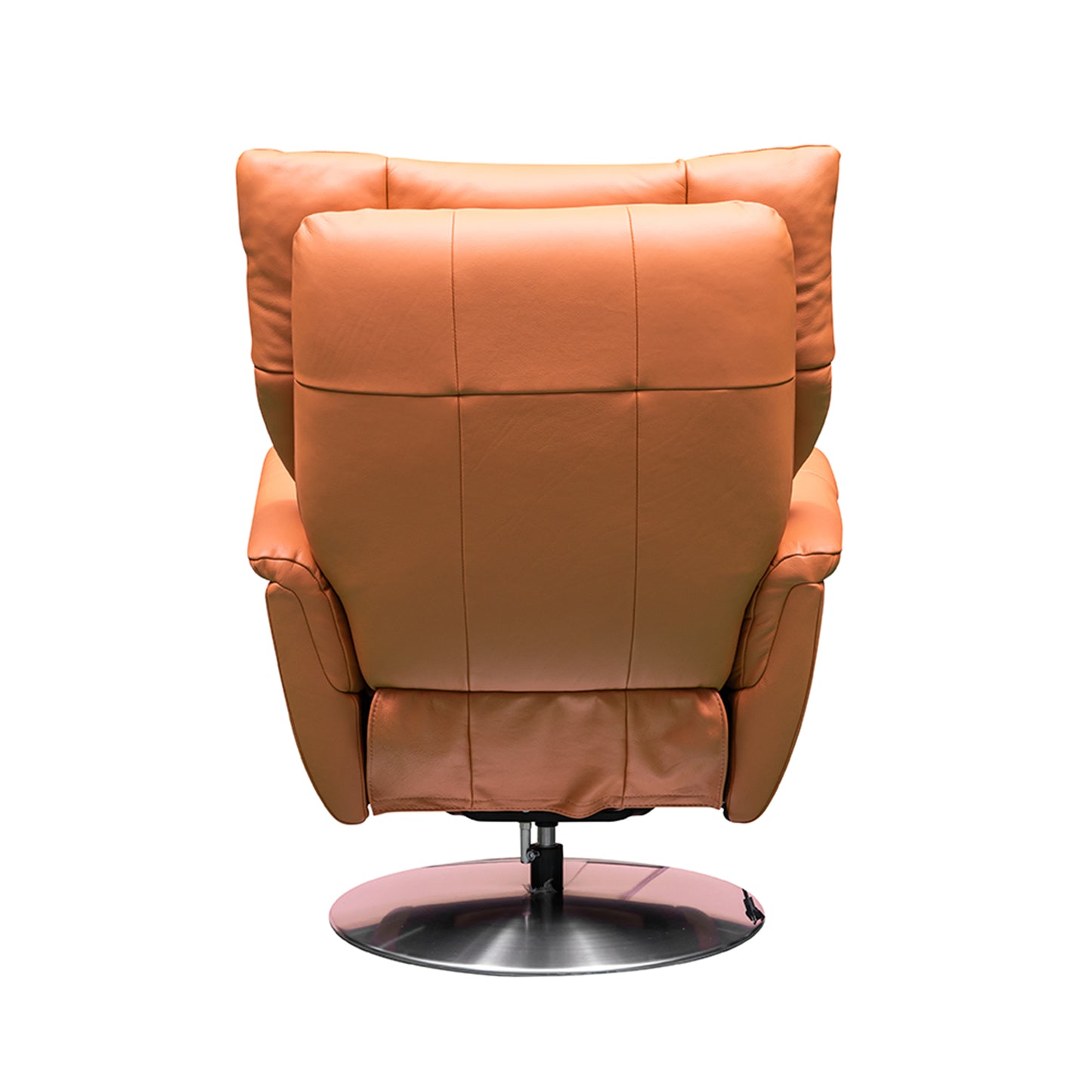 Power recliner back view showing chair construction and swivel mechanism for comfort design furniture