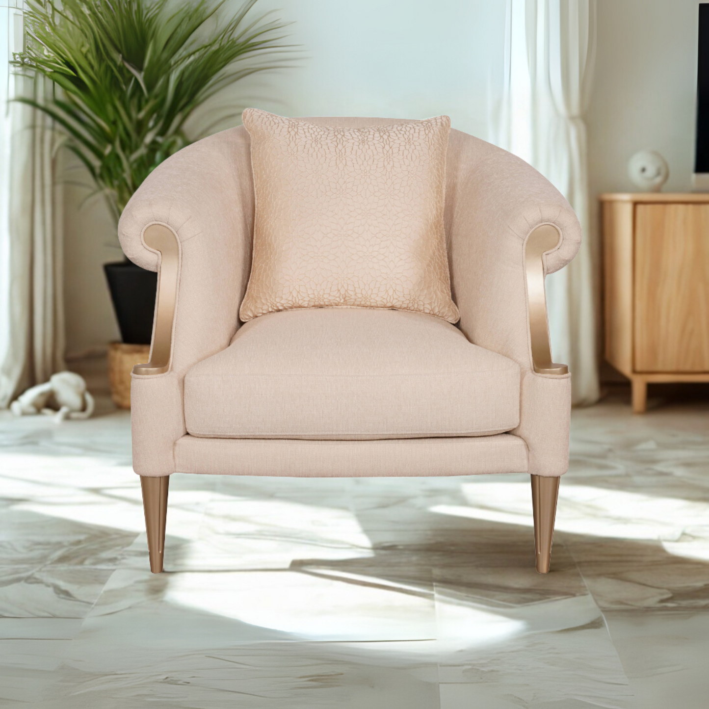 Klaussner Clarkson armchair with curved rolled arms, upholstered in soft beige fabric, featuring a matching textured cushion, placed in a cozy modern living room setting.