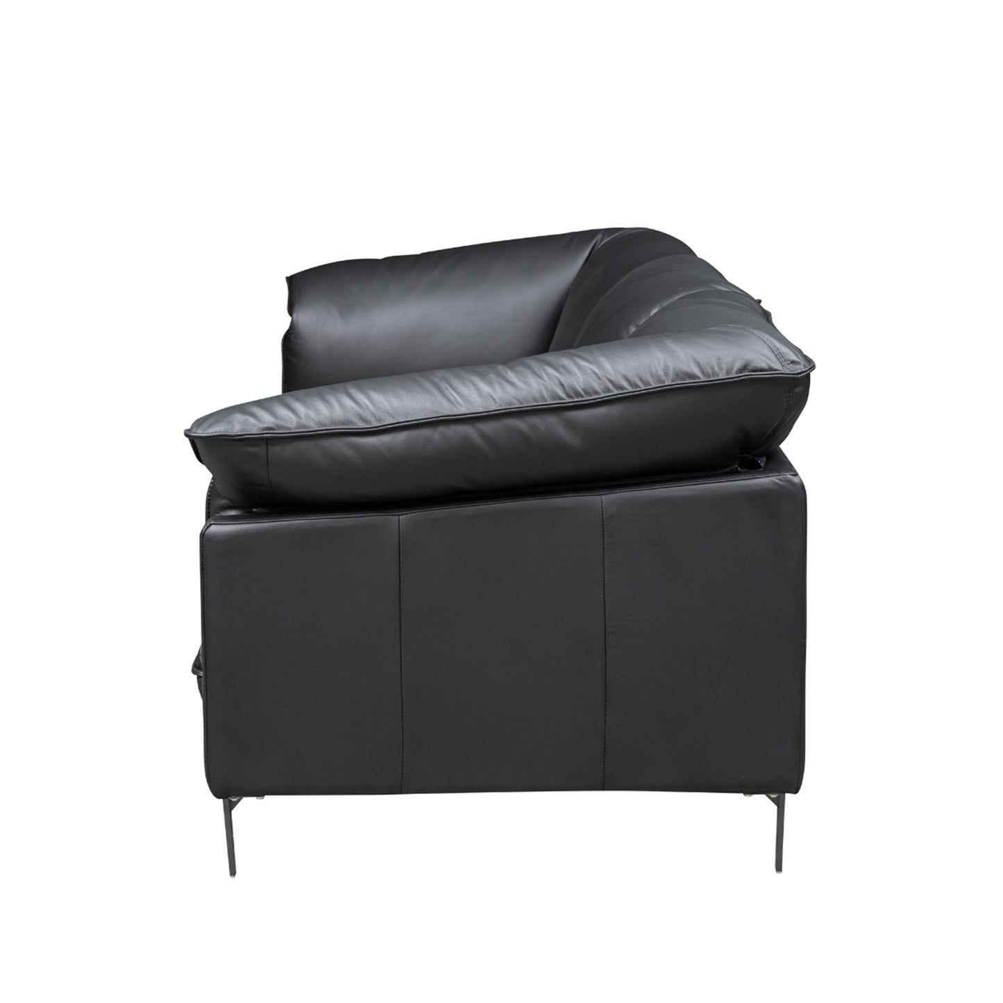 Side profile showing deep stitching detail and metal leg frame for Comfort Design Furniture