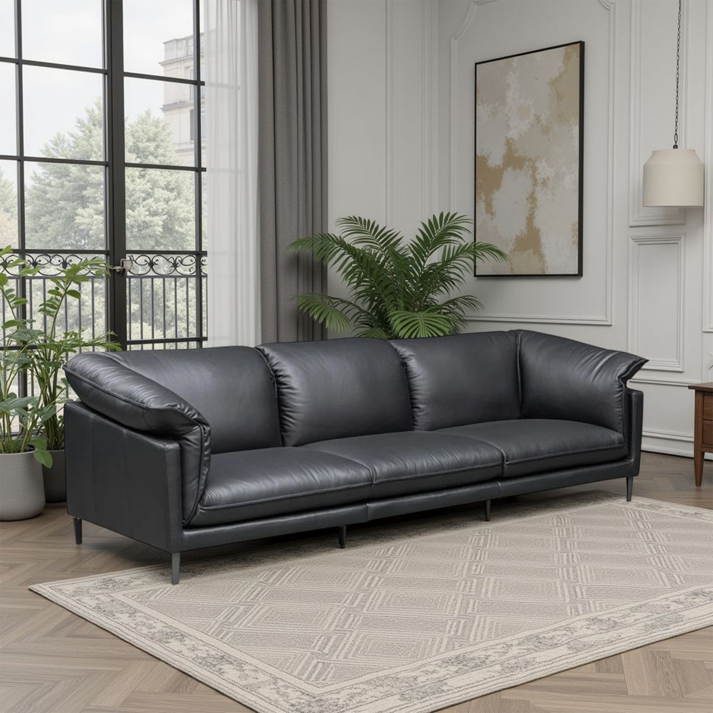 Side profile of Klaussner Dolce stationary sofa displaying sleek design and plush foam padding comfort for comfort design furniture