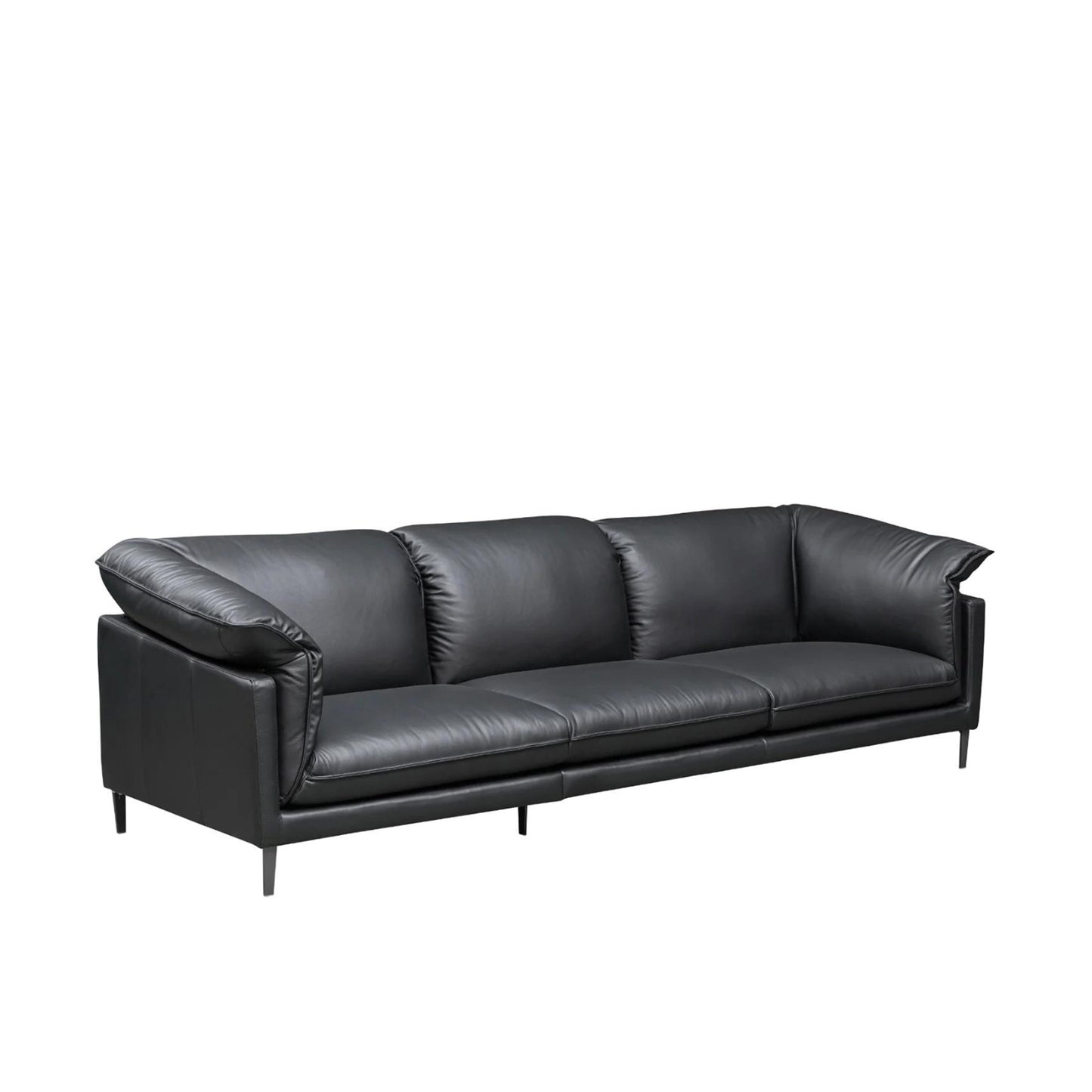 Klaussner Dolce 3-seater black leather sofa with deep stitching and exposed metal legs in modern living room setting for Comfort Design Furniture