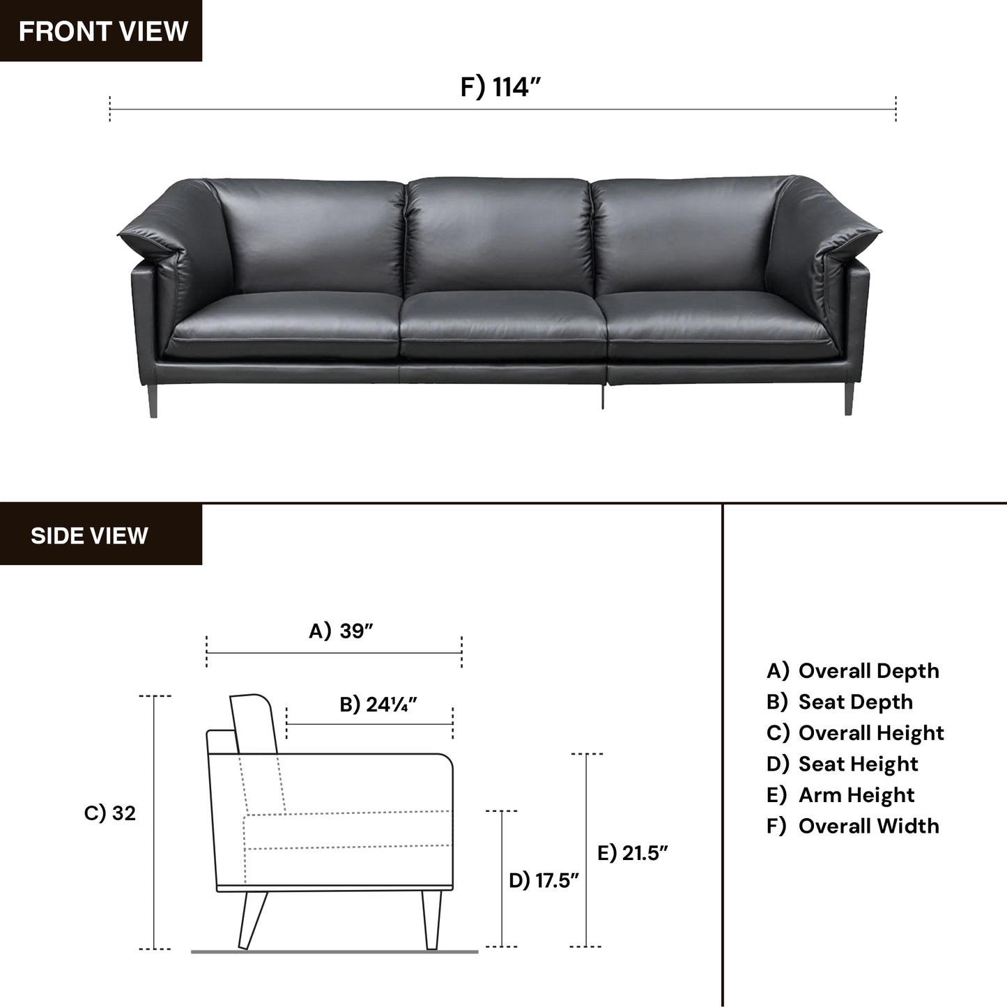Dimension view of Klaussner Dolce stationary sofa displaying sleek design and plush foam padding comfort for comfort design furniture