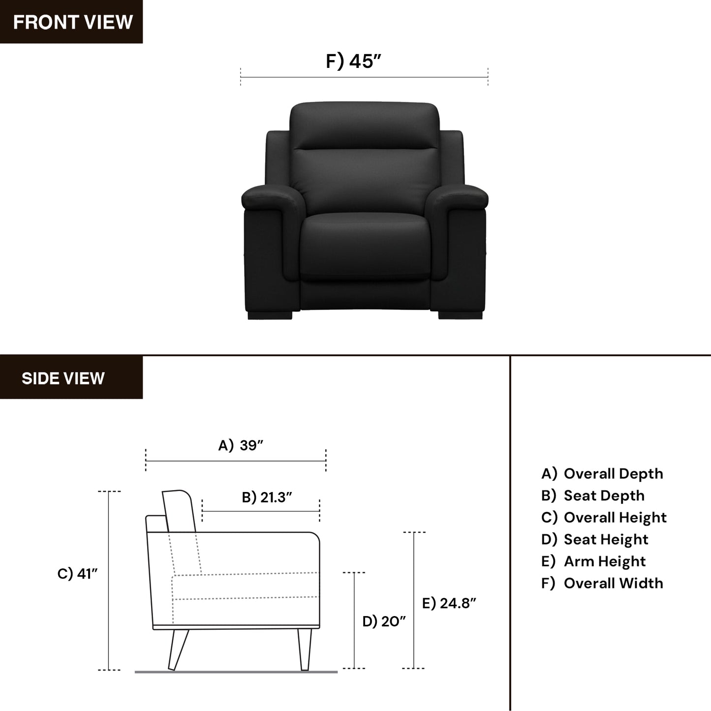 Klaussner Palermo Power Recliner Product dimensions and specifications diagram for comfort design furniture