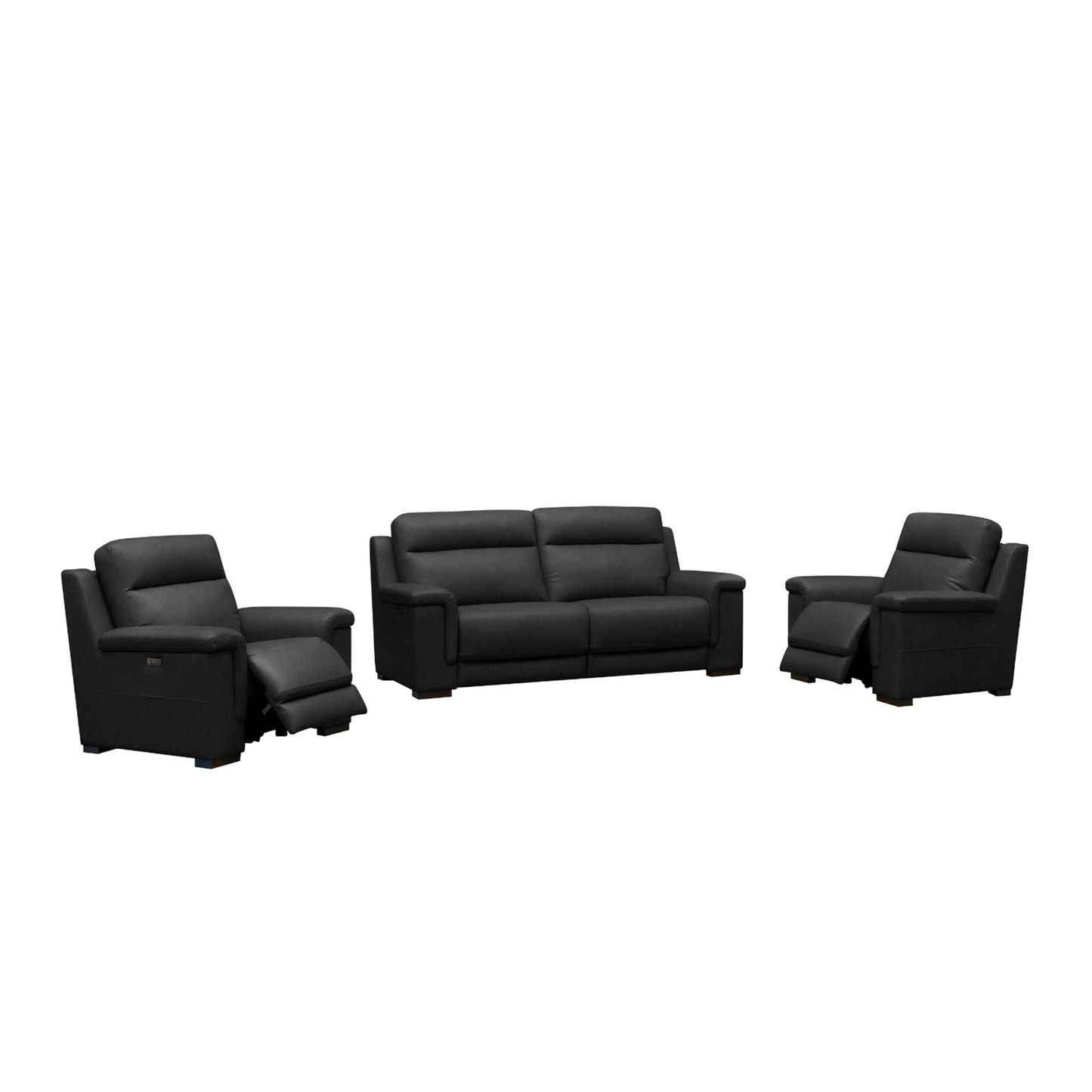 Product lineup showing complete furniture set with two recliner chairs and matching loveseat for comfort design furniture