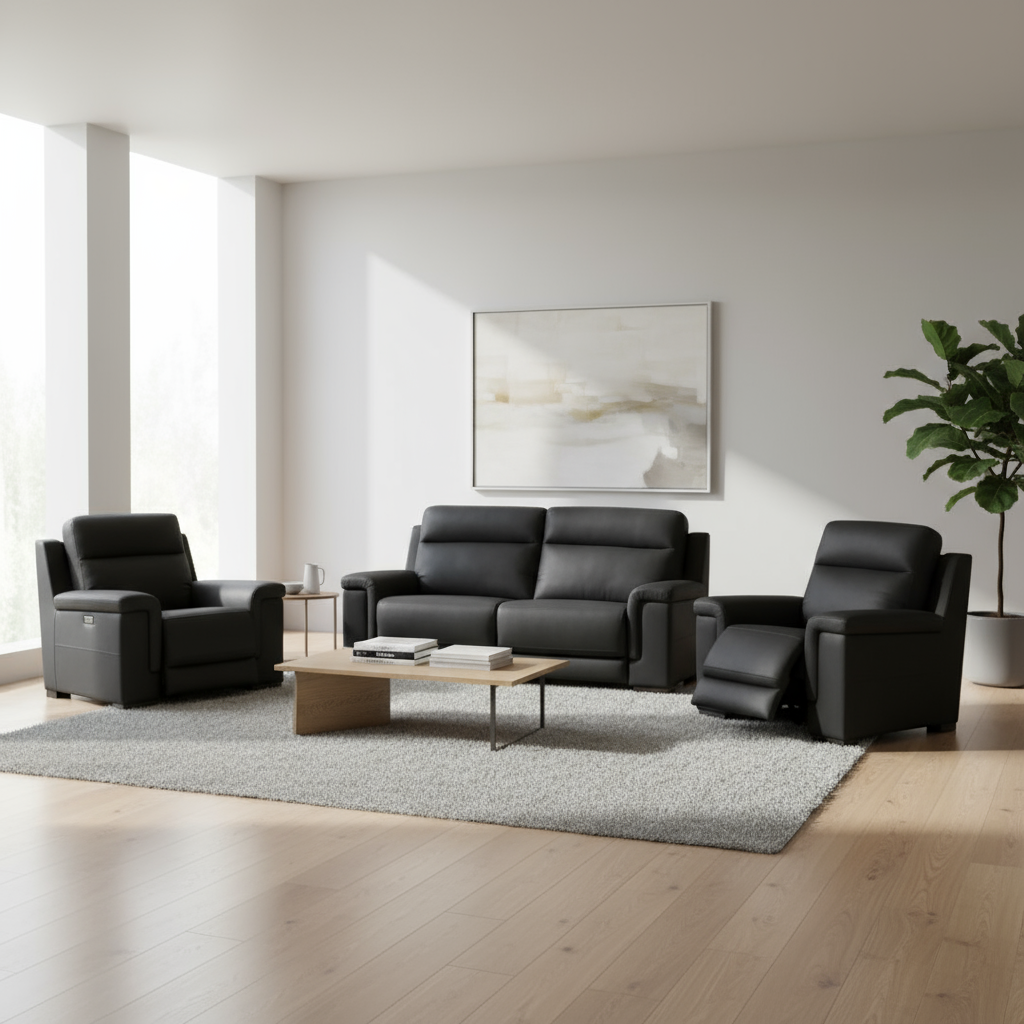 Complete living room set showing matching loveseat and recliner chairs in modern minimalist setting with natural lighting for comfort design furniture