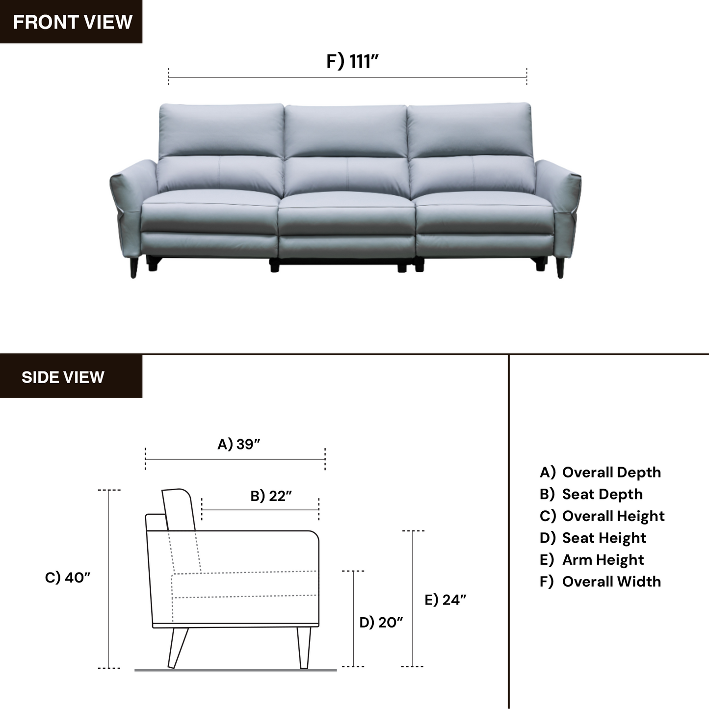 Dimension chart displaying product size specifications for comfort design furniture