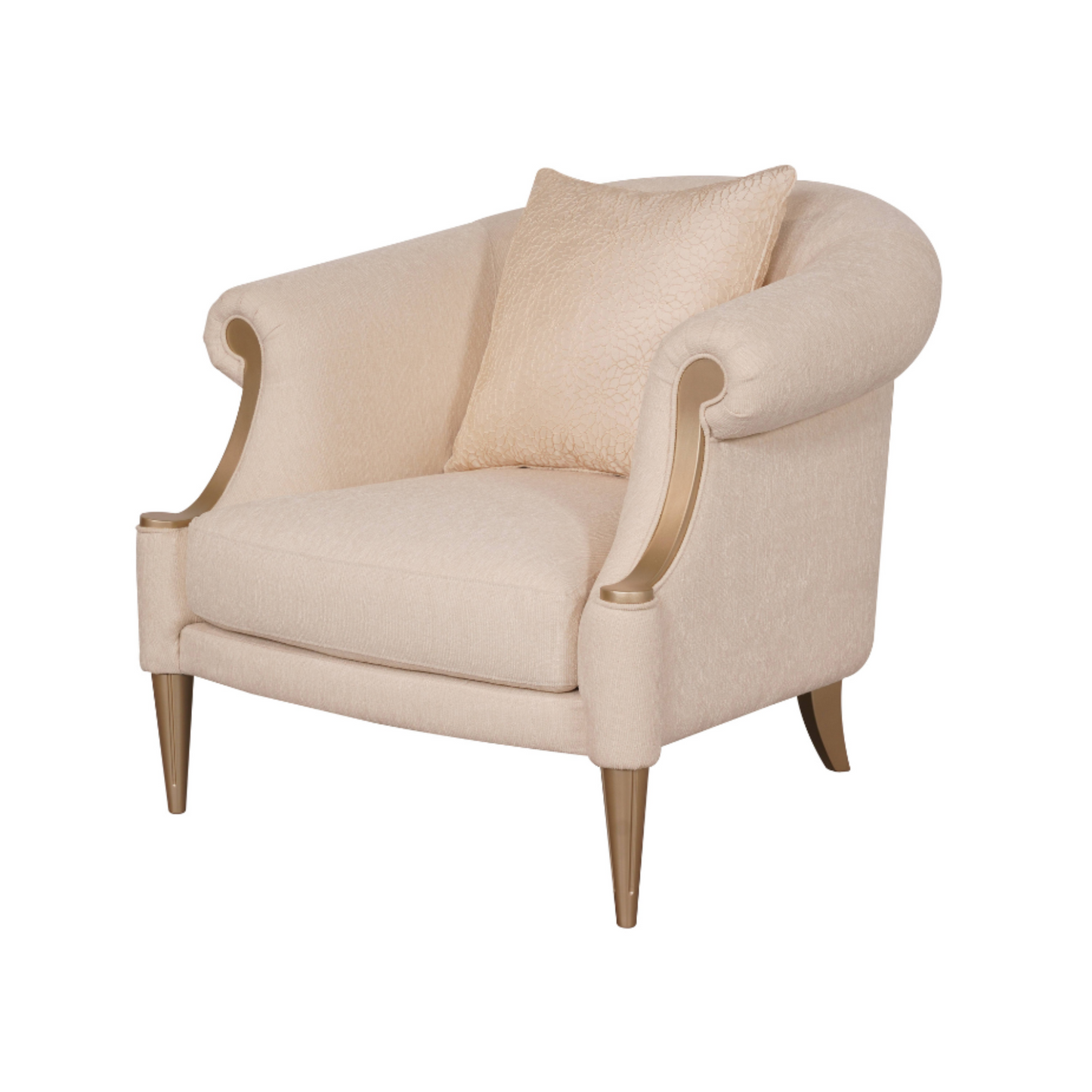 Klaussner Clarkson armchair with curved rolled arms, upholstered in soft beige fabric, featuring a matching textured cushion.