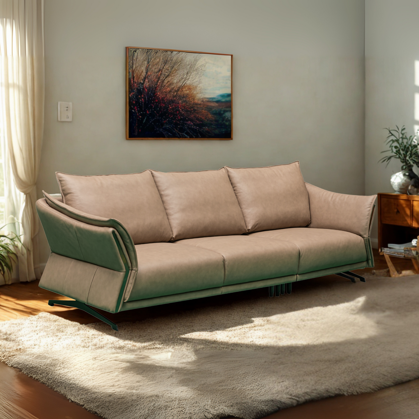 Elegant Klaussner Giada 3-seater sofa in brown leather featuring modern curved armrests, plush cushions, and set in a cozy living room with a soft beige rug.