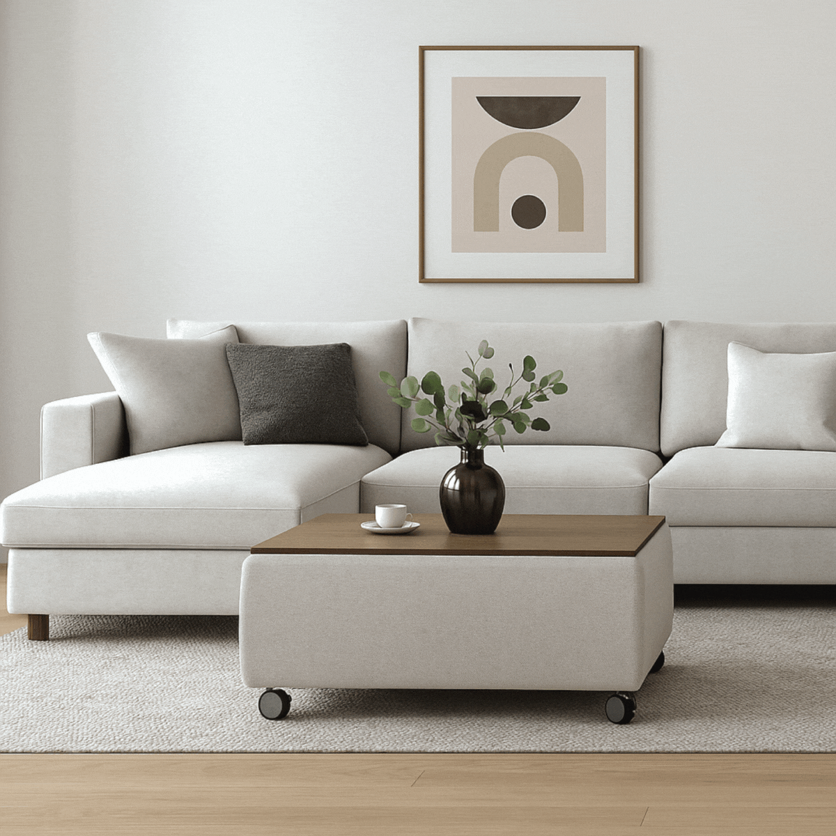 Modern rectangular coffee table with fabric base, wooden top, and rolling caster wheels – functional contemporary living room furniture