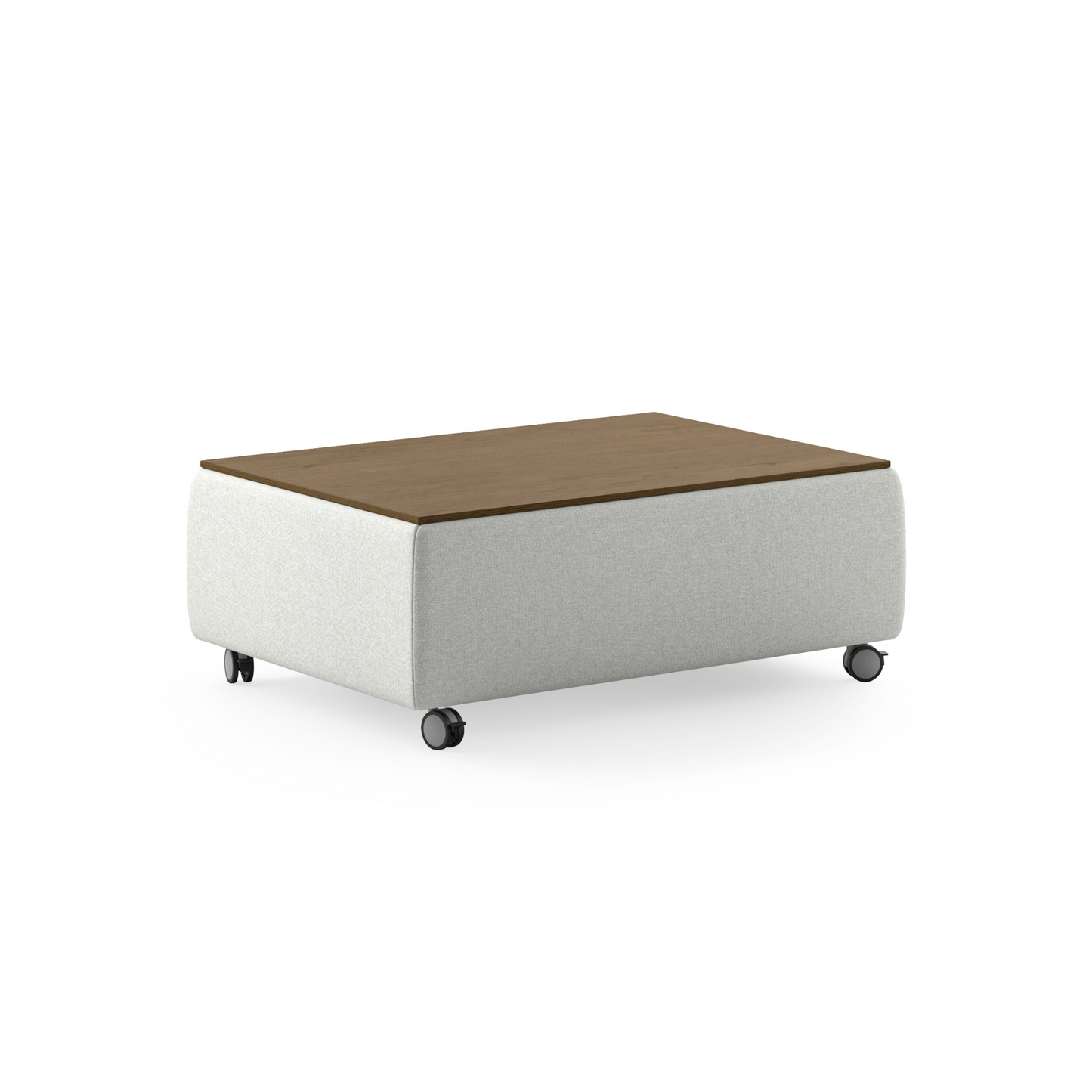 Modern rectangular coffee table with fabric base, wooden top, and rolling caster wheels – functional contemporary living room furniture