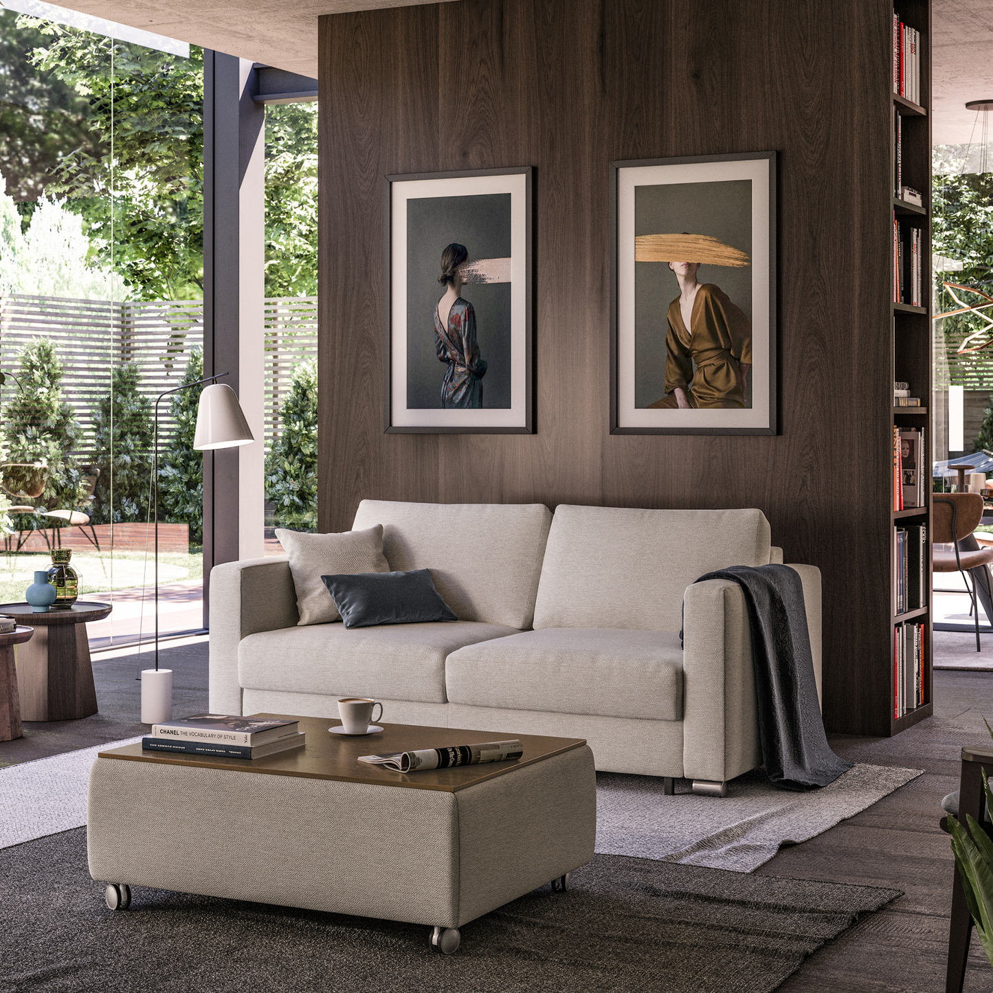 Modern rectangular coffee table with beige fabric base, wooden top, and rolling caster wheels – functional contemporary living room furniture