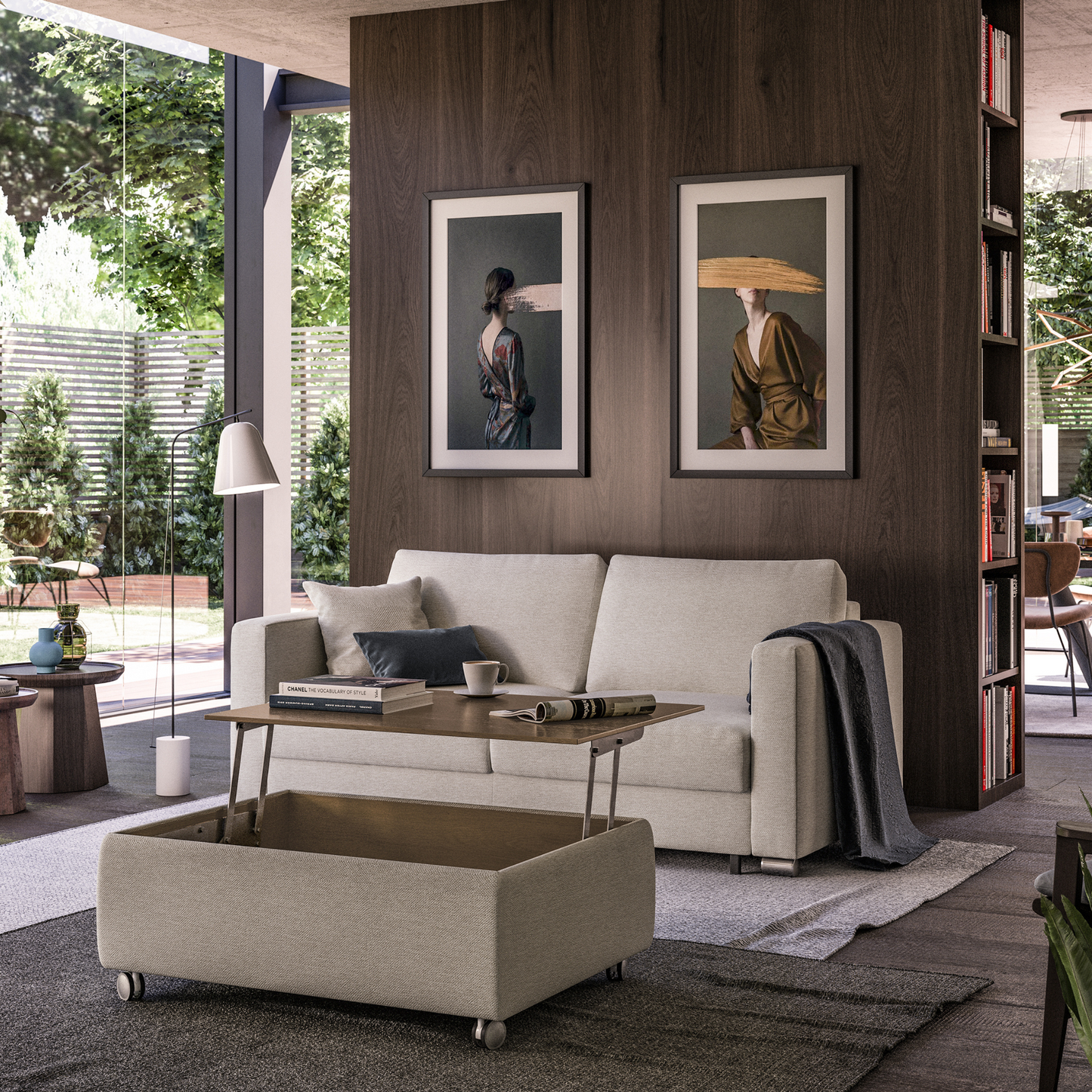 Modern rectangular coffee table with beige fabric base, wooden top, and rolling caster wheels – functional contemporary living room furniture