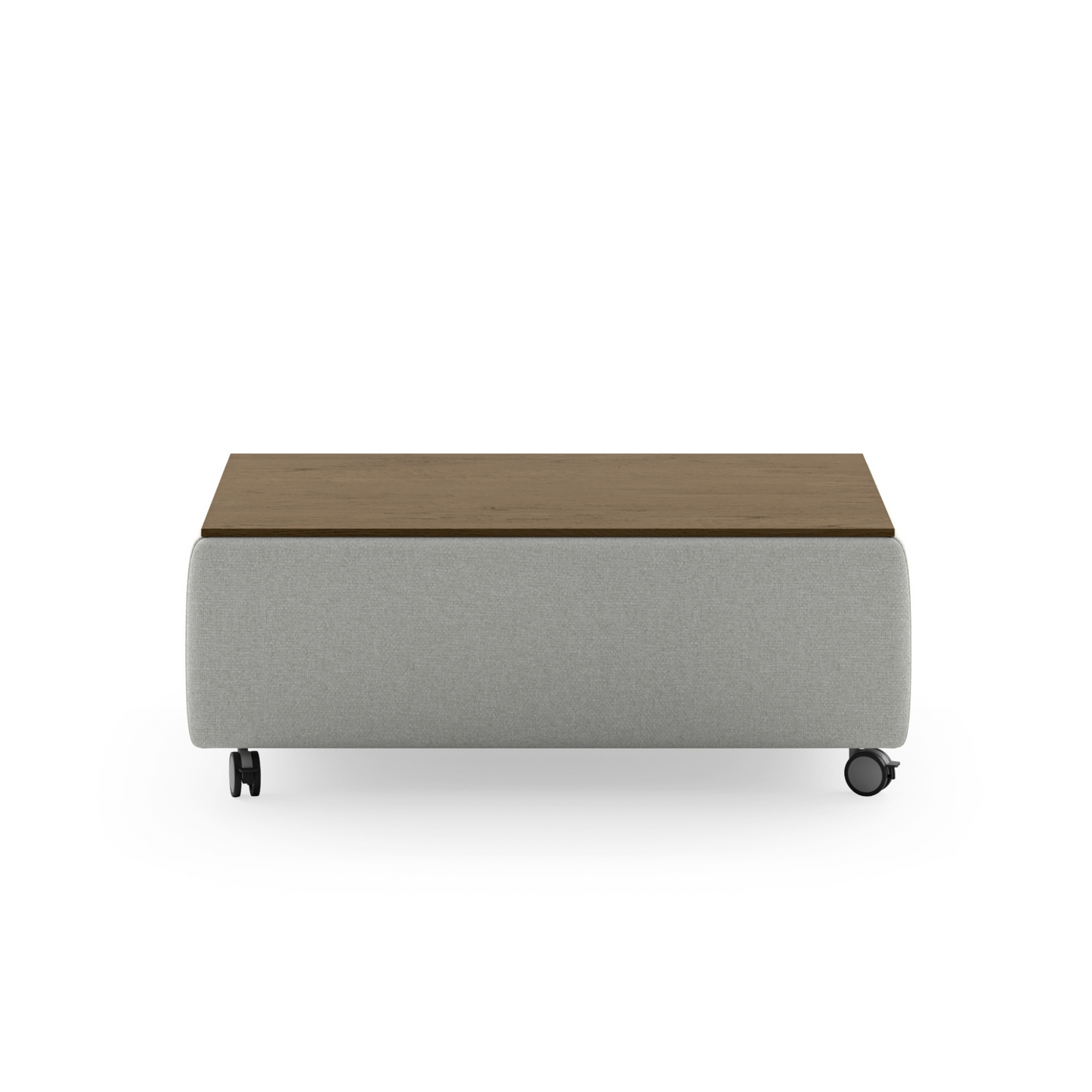 Modern rectangular coffee table with fabric base, wooden top, and rolling caster wheels – functional contemporary living room furniture
