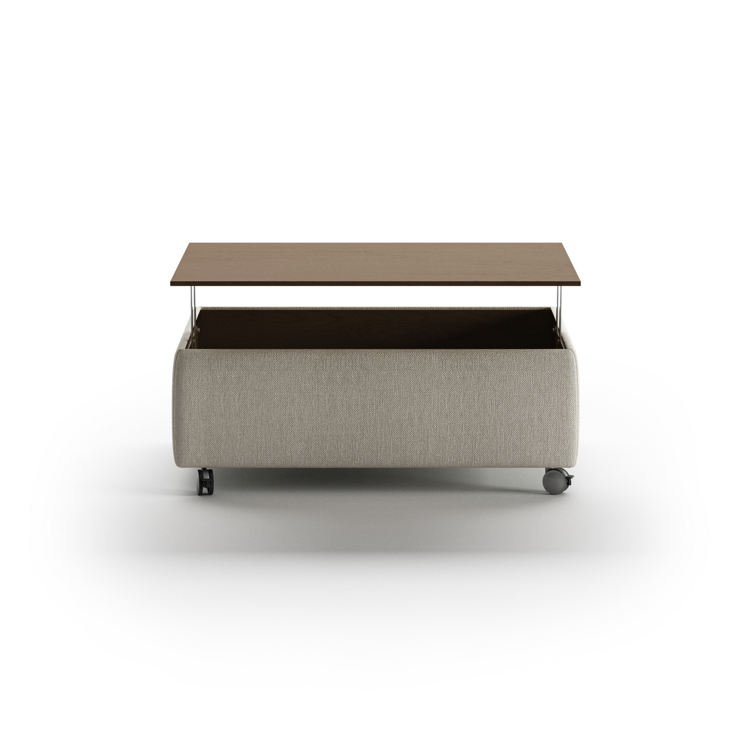 Modern rectangular coffee table with fabric base, wooden top, and rolling caster wheels – functional contemporary living room furniture