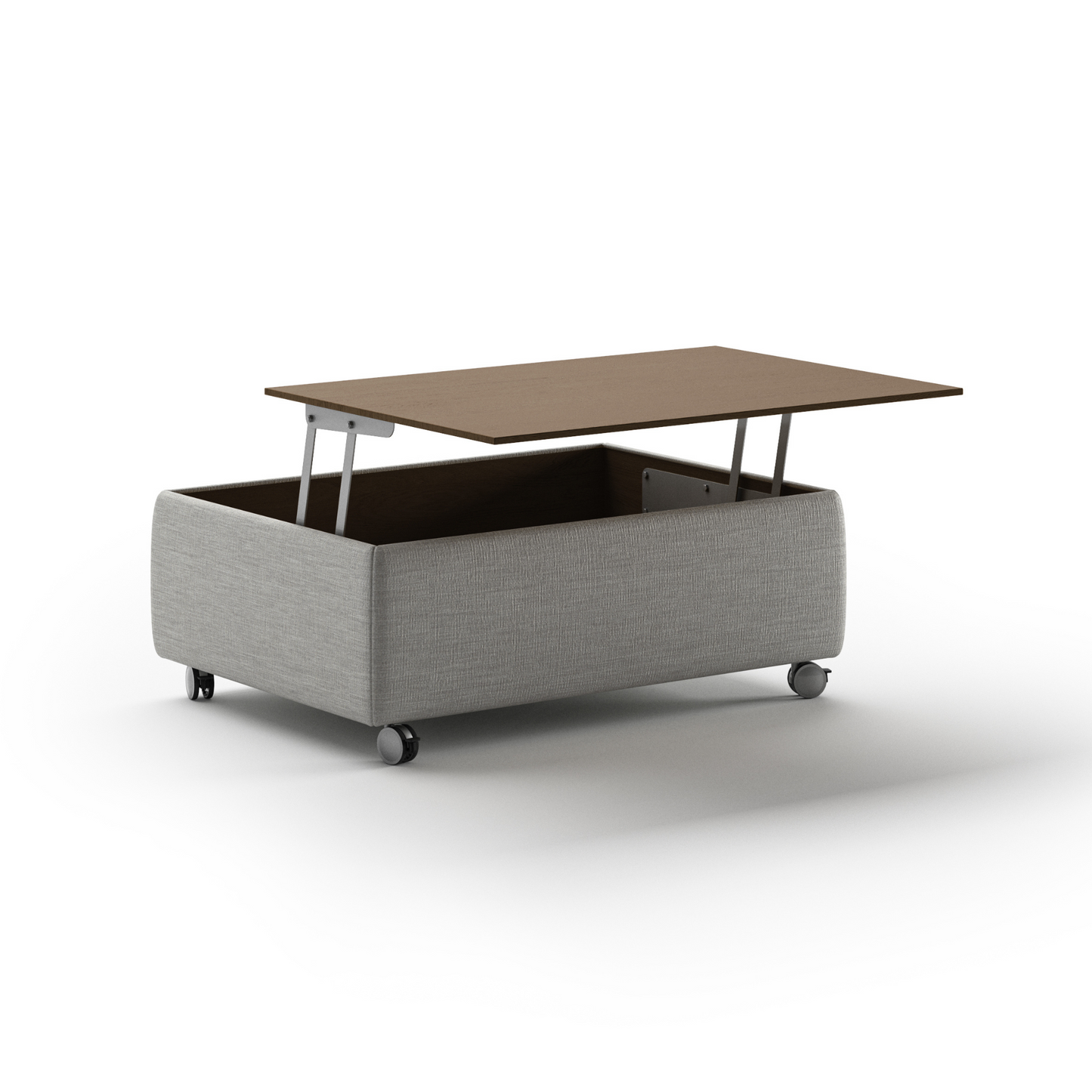 Modern rectangular coffee table with fabric base, wooden top, and rolling caster wheels – functional contemporary living room furniture