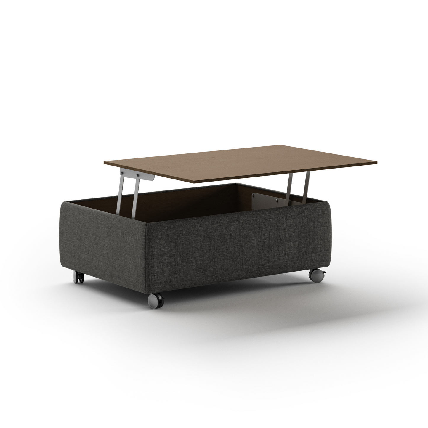 Modern rectangular coffee table with fabric base, wooden top, and rolling caster wheels – functional contemporary living room furniture