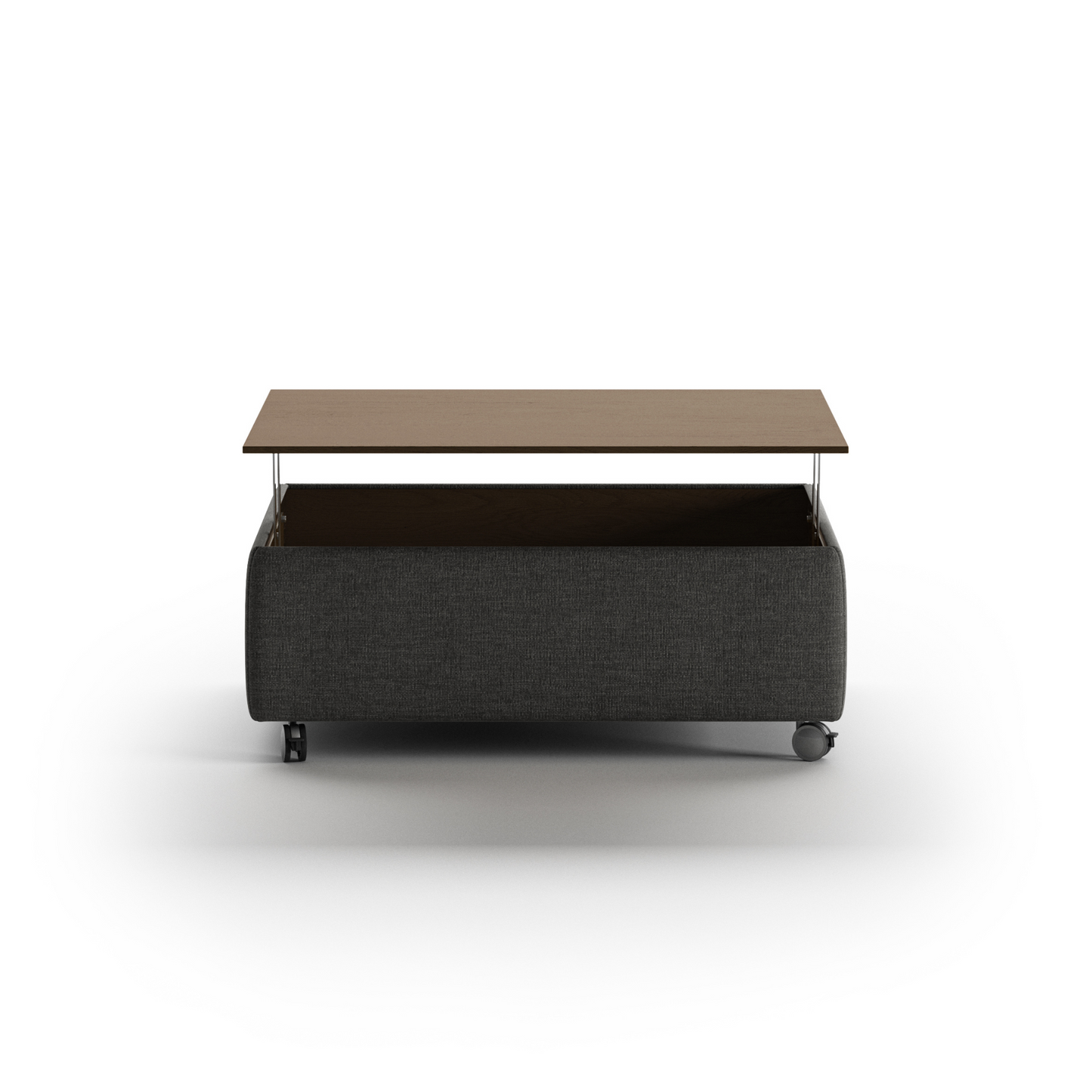 Modern rectangular coffee table with fabric base, wooden top, and rolling caster wheels – functional contemporary living room furniture