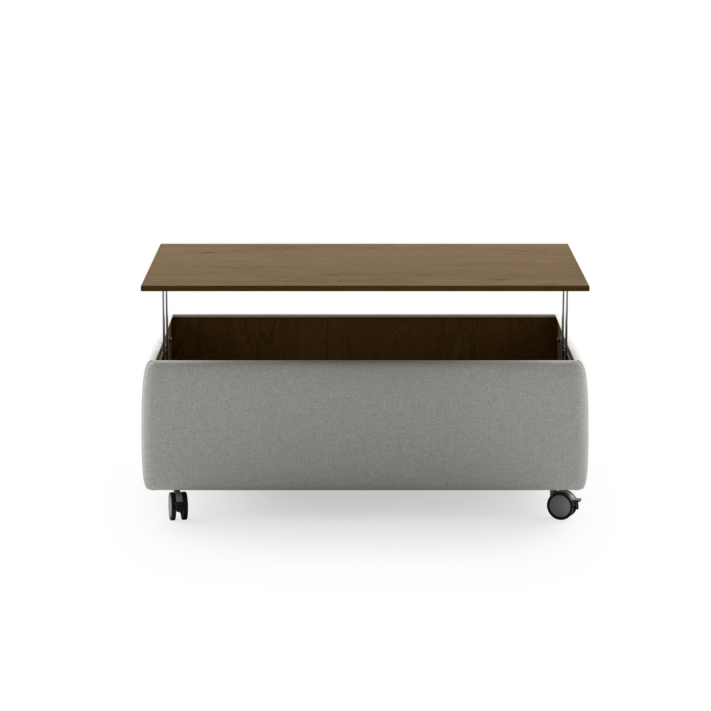 Modern rectangular coffee table with fabric base, wooden top, and rolling caster wheels – functional contemporary living room furniture