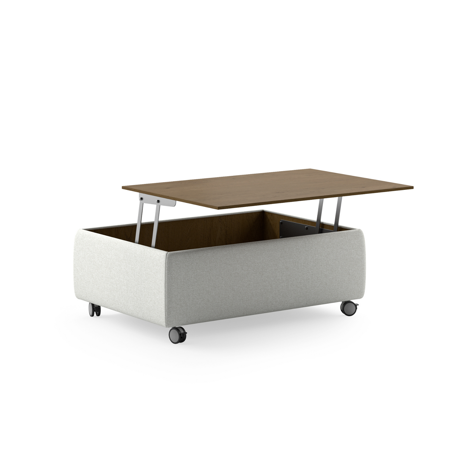 Modern rectangular coffee table with fabric base, wooden top, and rolling caster wheels – functional contemporary living room furniture