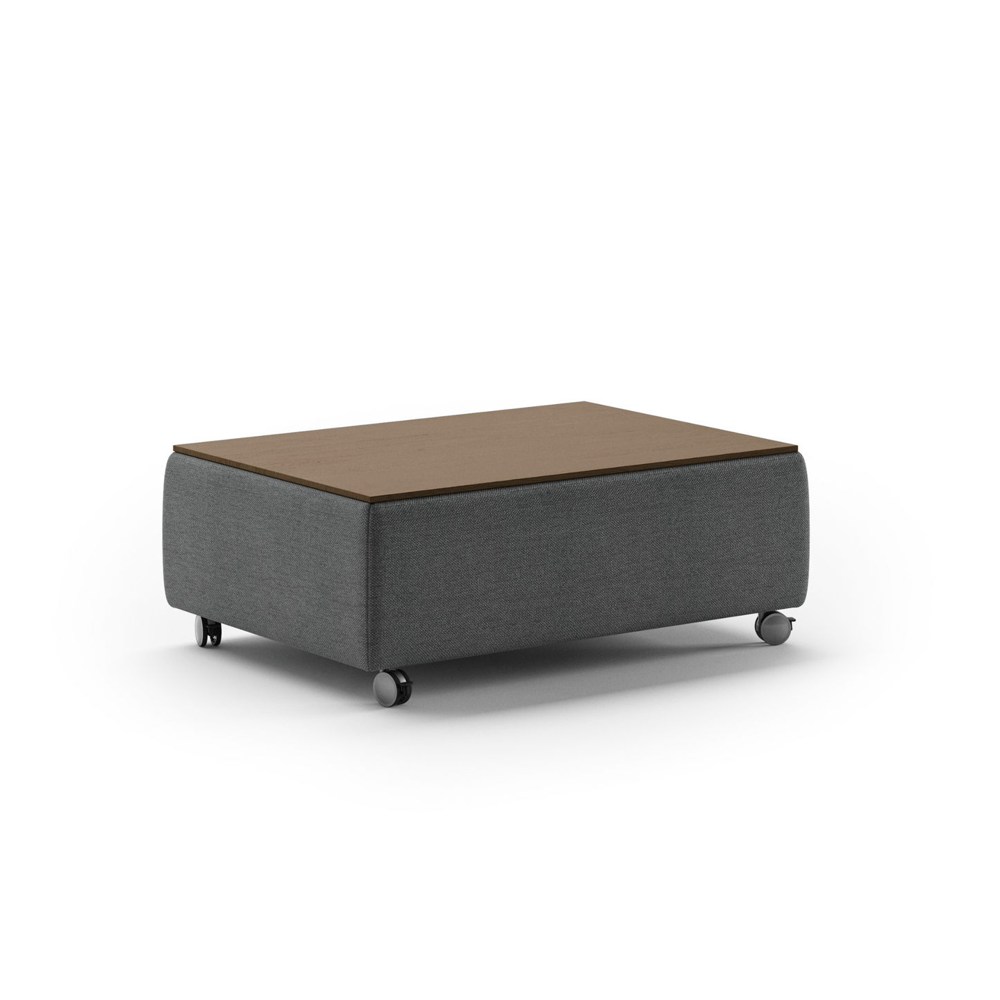 Modern rectangular coffee table with fabric base, wooden top, and rolling caster wheels – functional contemporary living room furniture