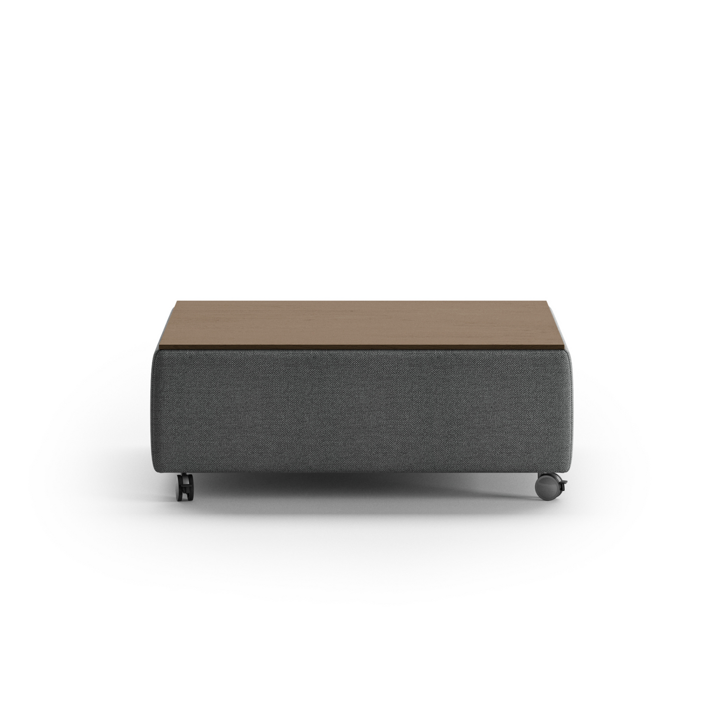 Modern rectangular coffee table with fabric base, wooden top, and rolling caster wheels – functional contemporary living room furniture