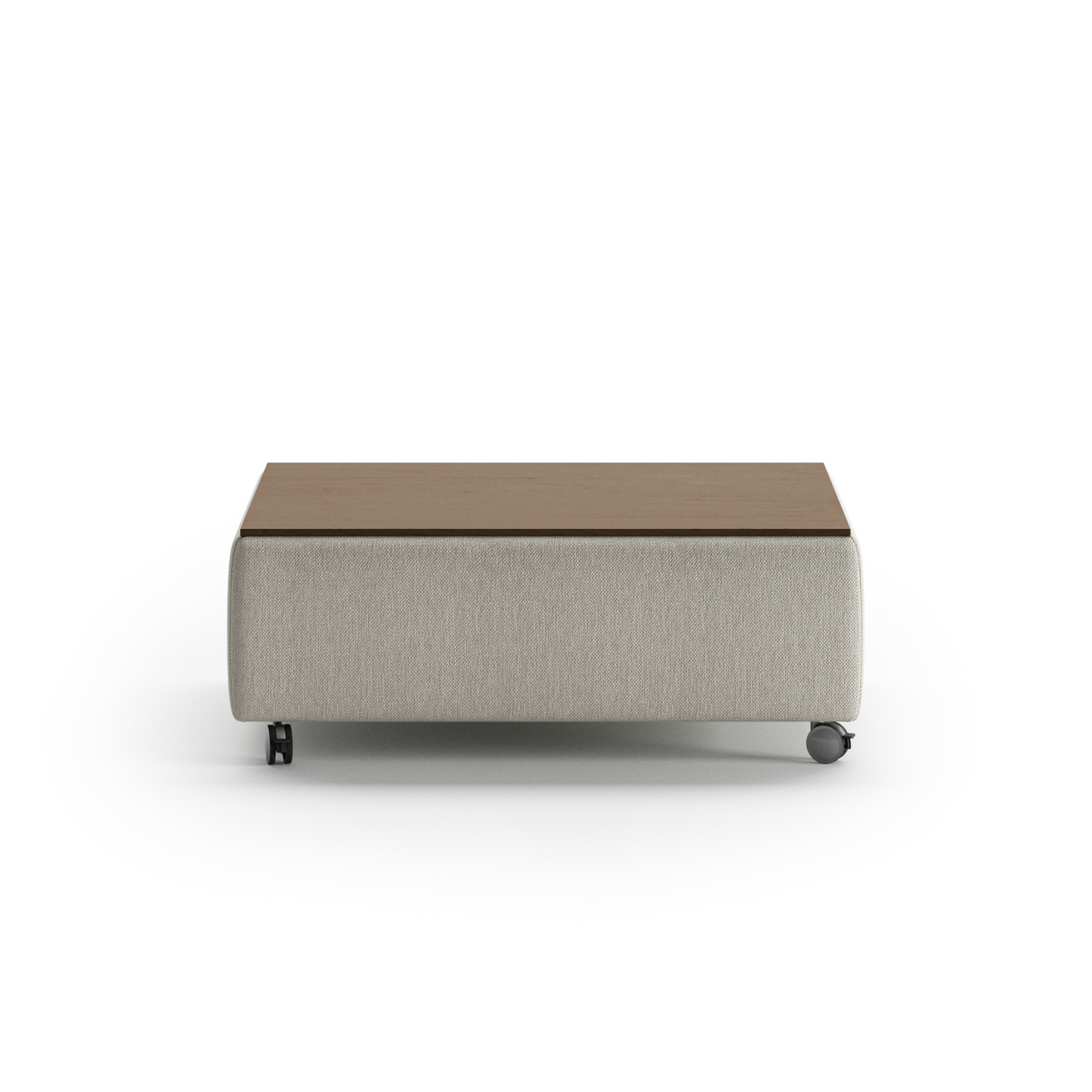 Modern rectangular coffee table with fabric base, wooden top, and rolling caster wheels – functional contemporary living room furniture