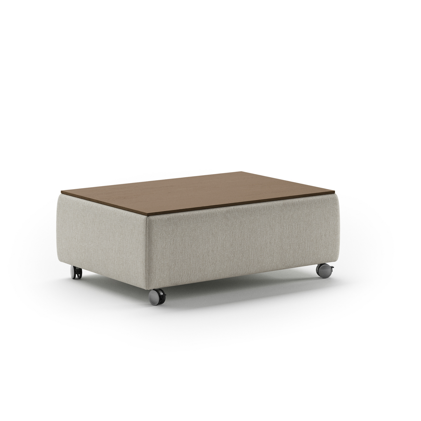 Modern rectangular coffee table with beige fabric base, wooden top, and rolling caster wheels – functional contemporary living room furniture.