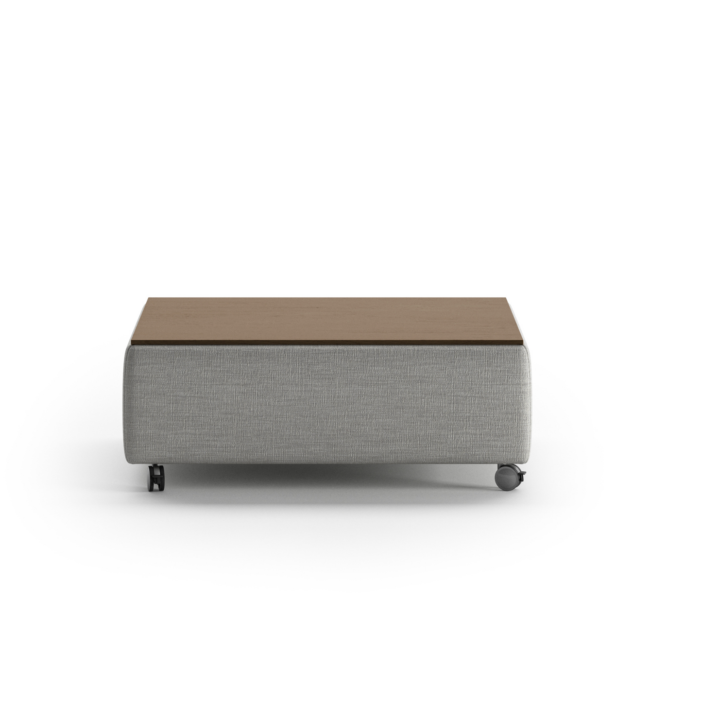 Modern rectangular coffee table with fabric base, wooden top, and rolling caster wheels – functional contemporary living room furniture