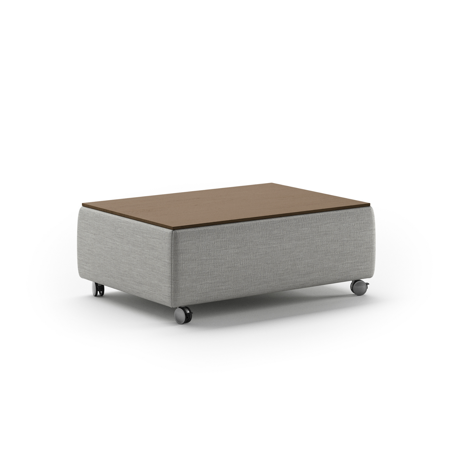 Modern rectangular coffee table with fabric base, wooden top, and rolling caster wheels – functional contemporary living room furniture