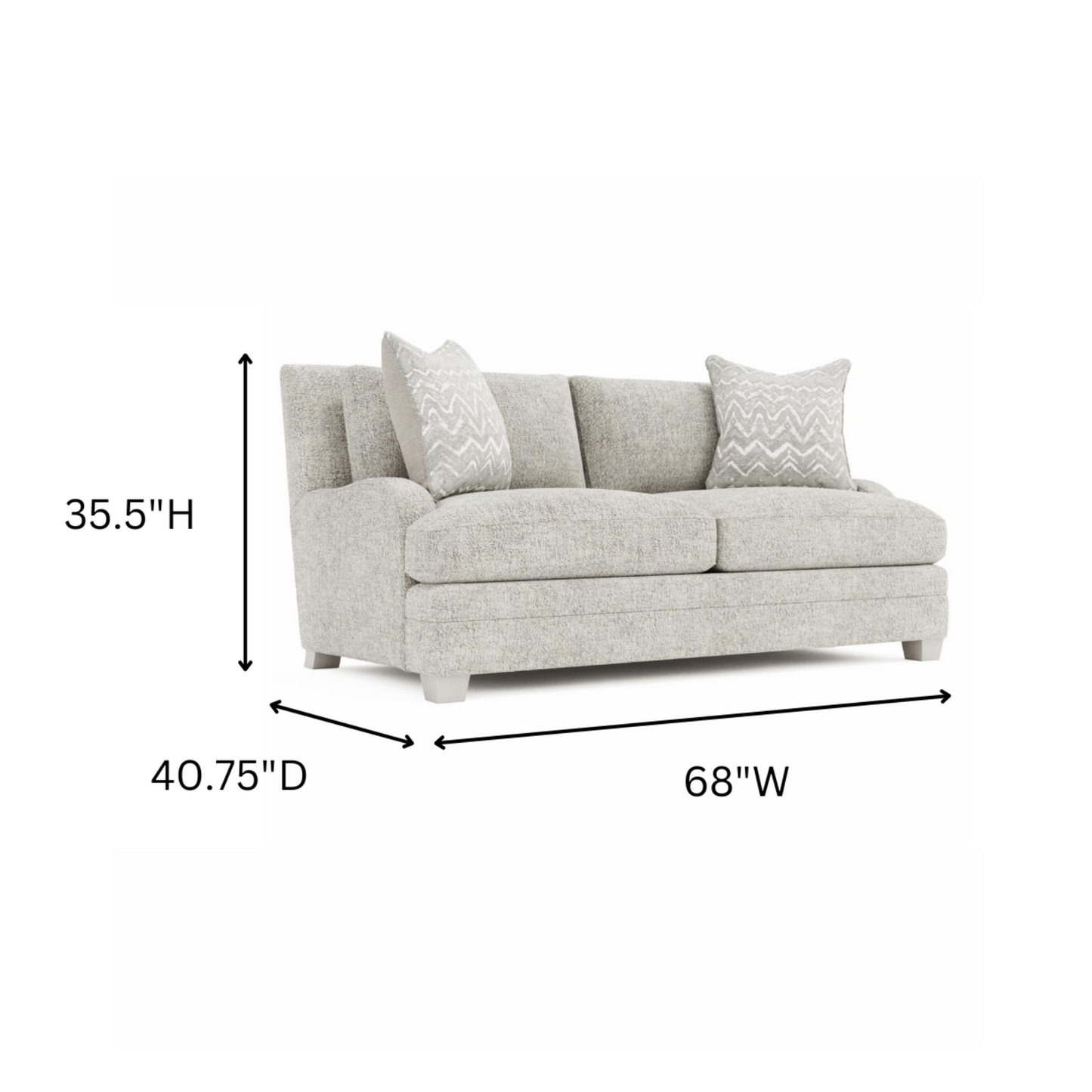 Dimensional View of Bernhardt Rollins Fabric Loveseat with 2 Accent Pillows
