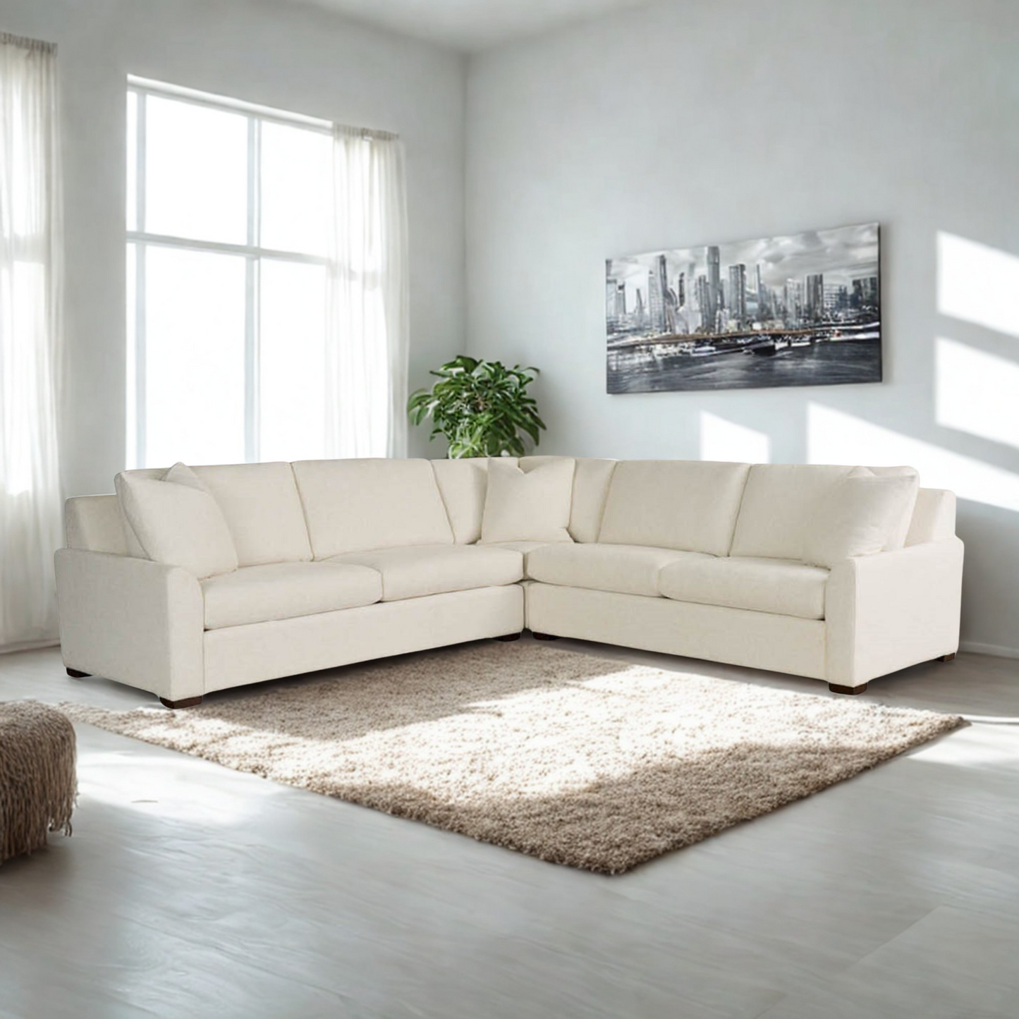 Universal Anna 3 Piece Sectional Sofa in Soft Cream Textured Fabric Seating