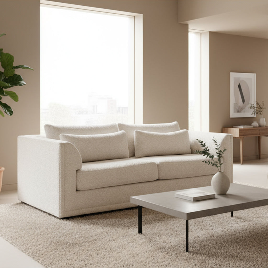 Side angle view of Universal Theo sofa highlighting clean lines and floating base design for comfort design furniture