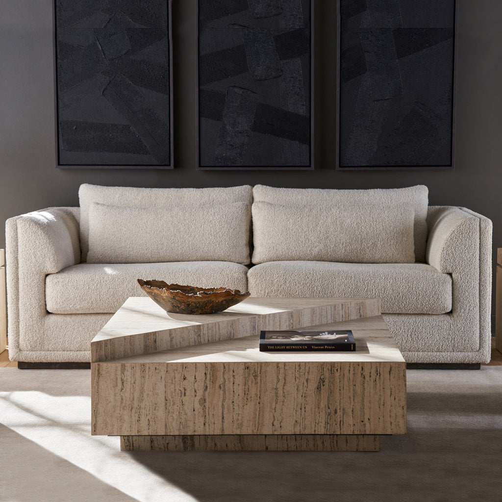 Universal Theo sofa styled in contemporary living room showcasing 92-inch width and floating base design for comfort design furniture