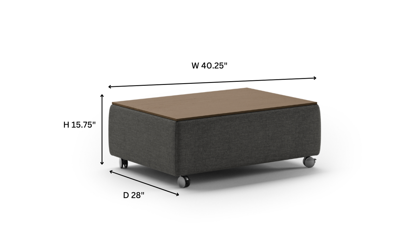 Modern rectangular coffee table with fabric base, wooden top, and rolling caster wheels – functional contemporary living room furniture
