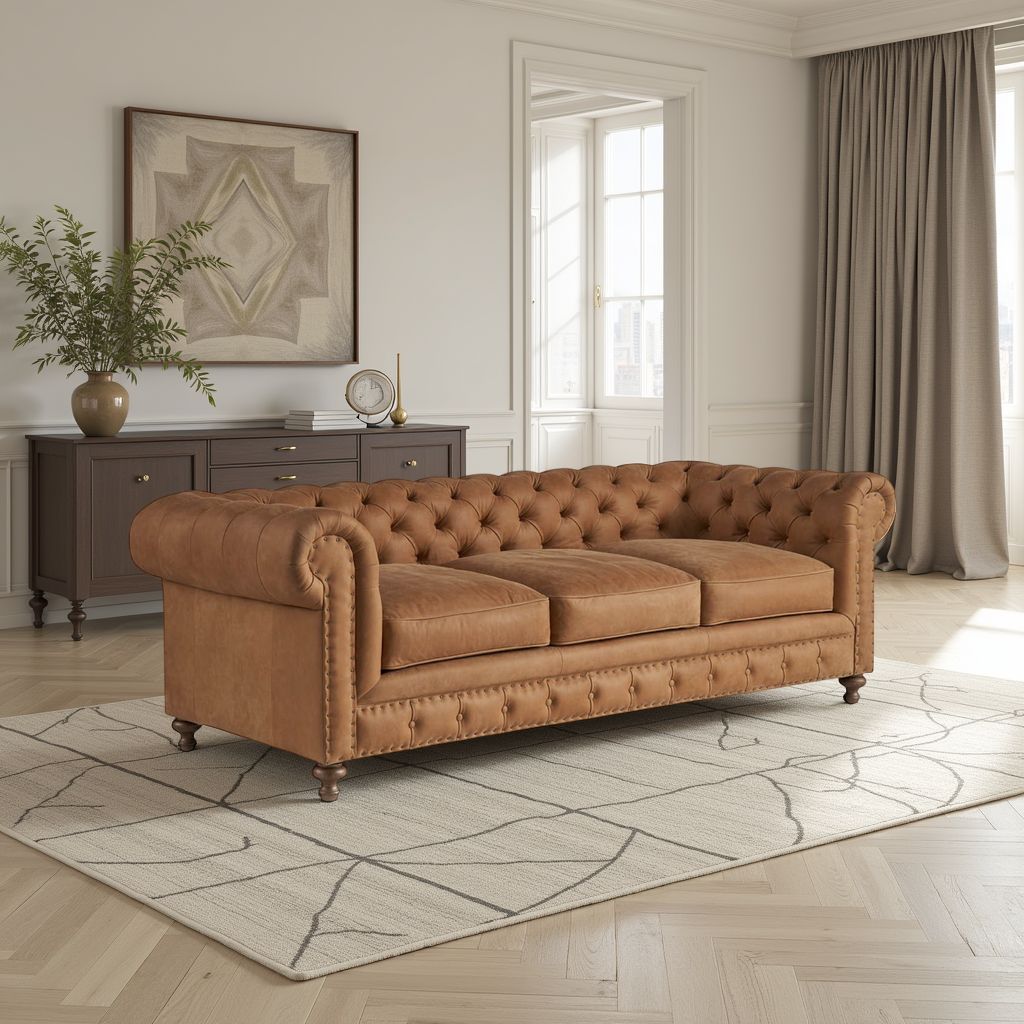 Universal Griffith Park Berkeley Leather Tufted Brown 3 Seater Sofa