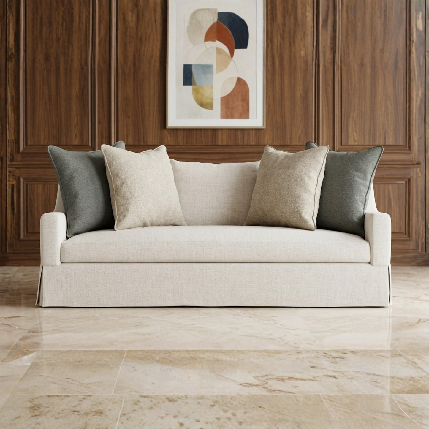 Bernhardt Grace White Fabric Skirted Sofa With Shaped Track Arm