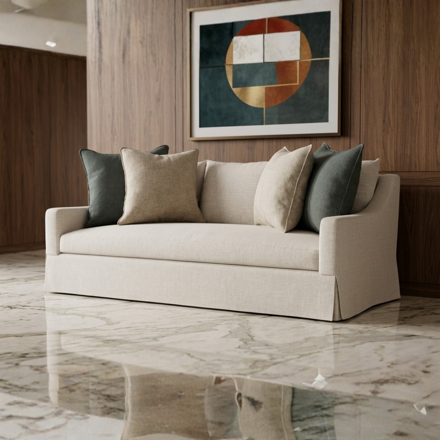 Bernhardt Grace White Fabric Skirted Sofa With Shaped Track Arm