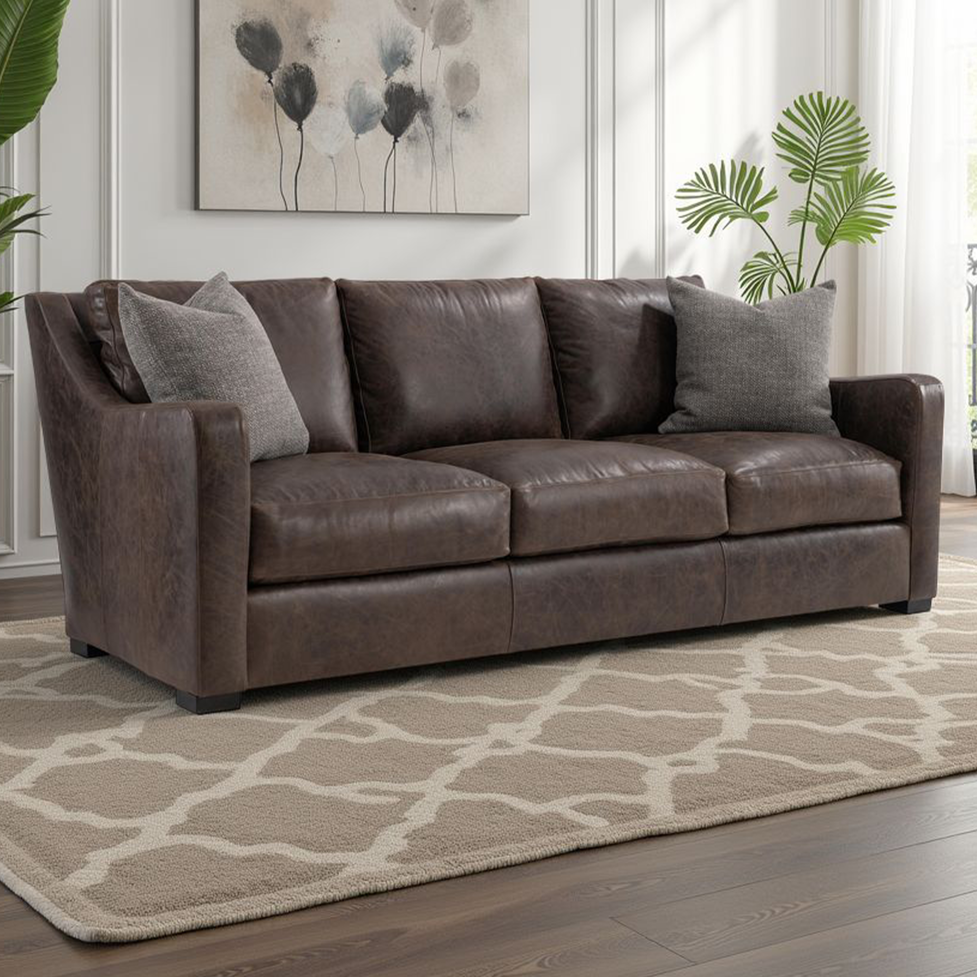 Ventura brown leather sofa three-quarter view in room setting for comfort designing furniture
